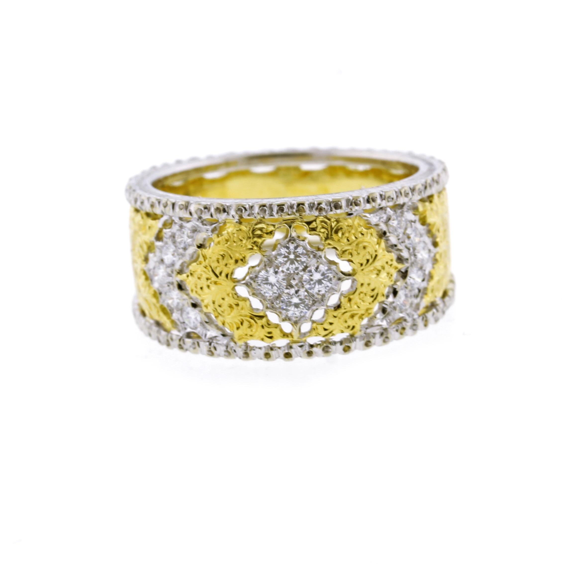 From Italian master jeweler Buccellati, a tapered hand engraved two tone toned diamond band ring
♦ Designer: V
♦ Metal: 18 karat
♦ Circa 2000s
♦ 14 Diamonds=.50ct
♦ 10mm tappers to 7mm wide
♦ Size 6¾
♦ Packaging: Pampillonia presentation box
♦