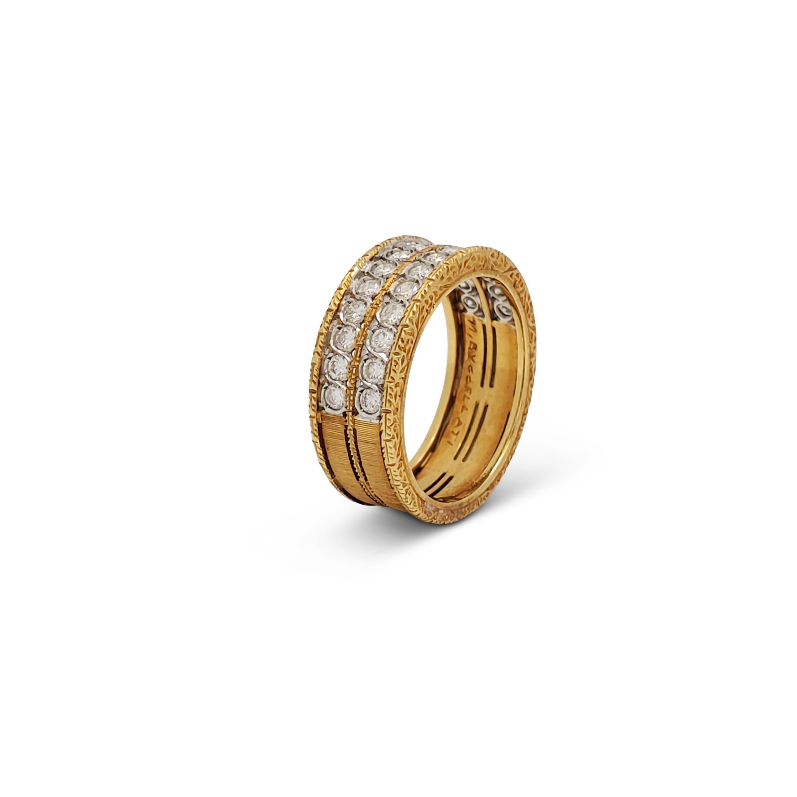 Authentic Buccellati bnad ring crafted in textured 18 karat yellow gold.  The band measures 7.3mm wide and is set halfway around with two rows of round cut diamonds weighing an estimated 1.06 carats total.  The other half of the band features