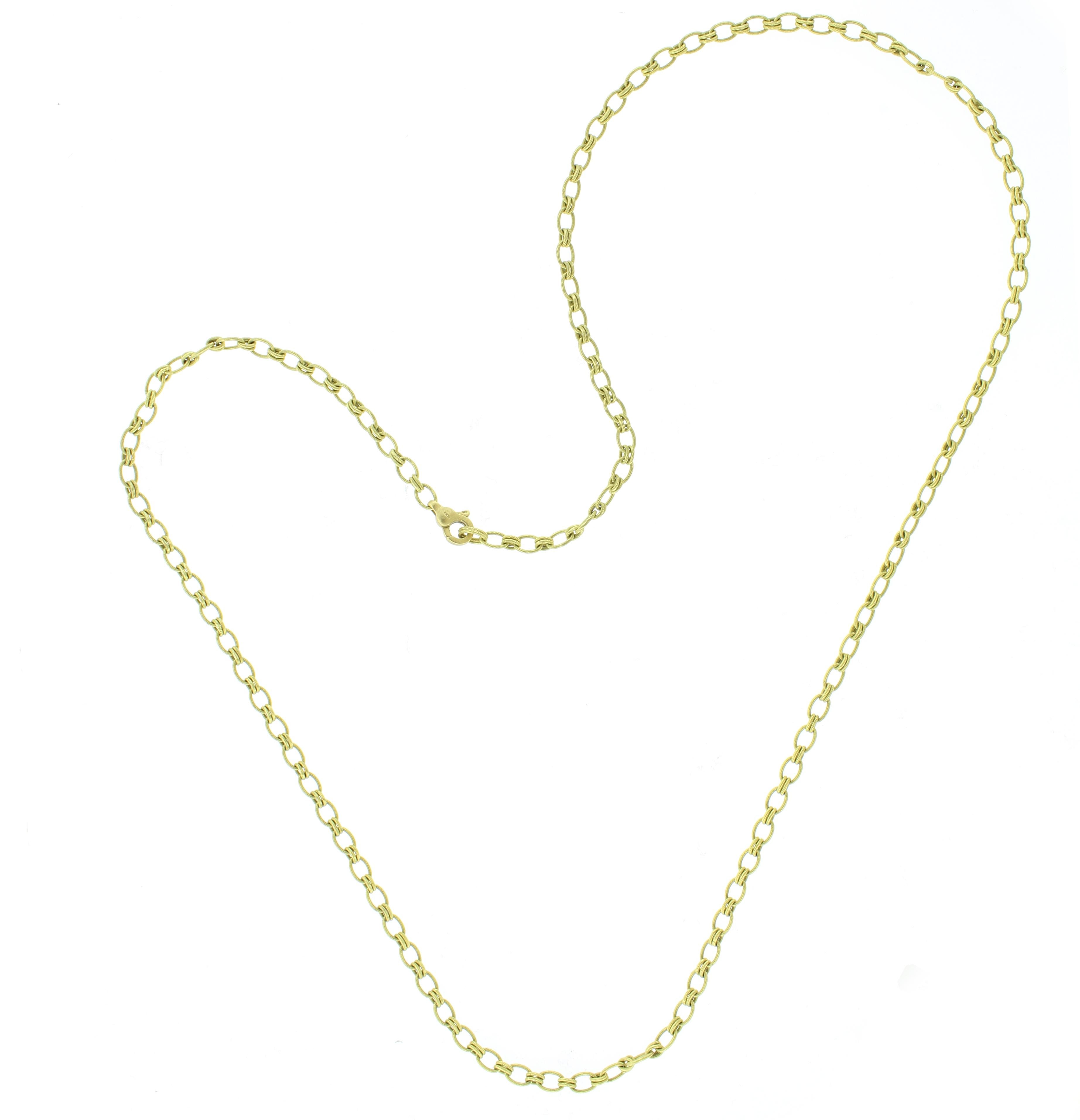 From Buccellati, this chain necklace can be worn long or doubled up.  
♦ Designer: Buccellati
♦ Metal: 18kt yellow gold
♦ Length: 32 inches
♦ Weight: 34.8grams
♦ Packaging: Pampillonia Presentation Box
♦ Condition: Excellent, pre-owned.