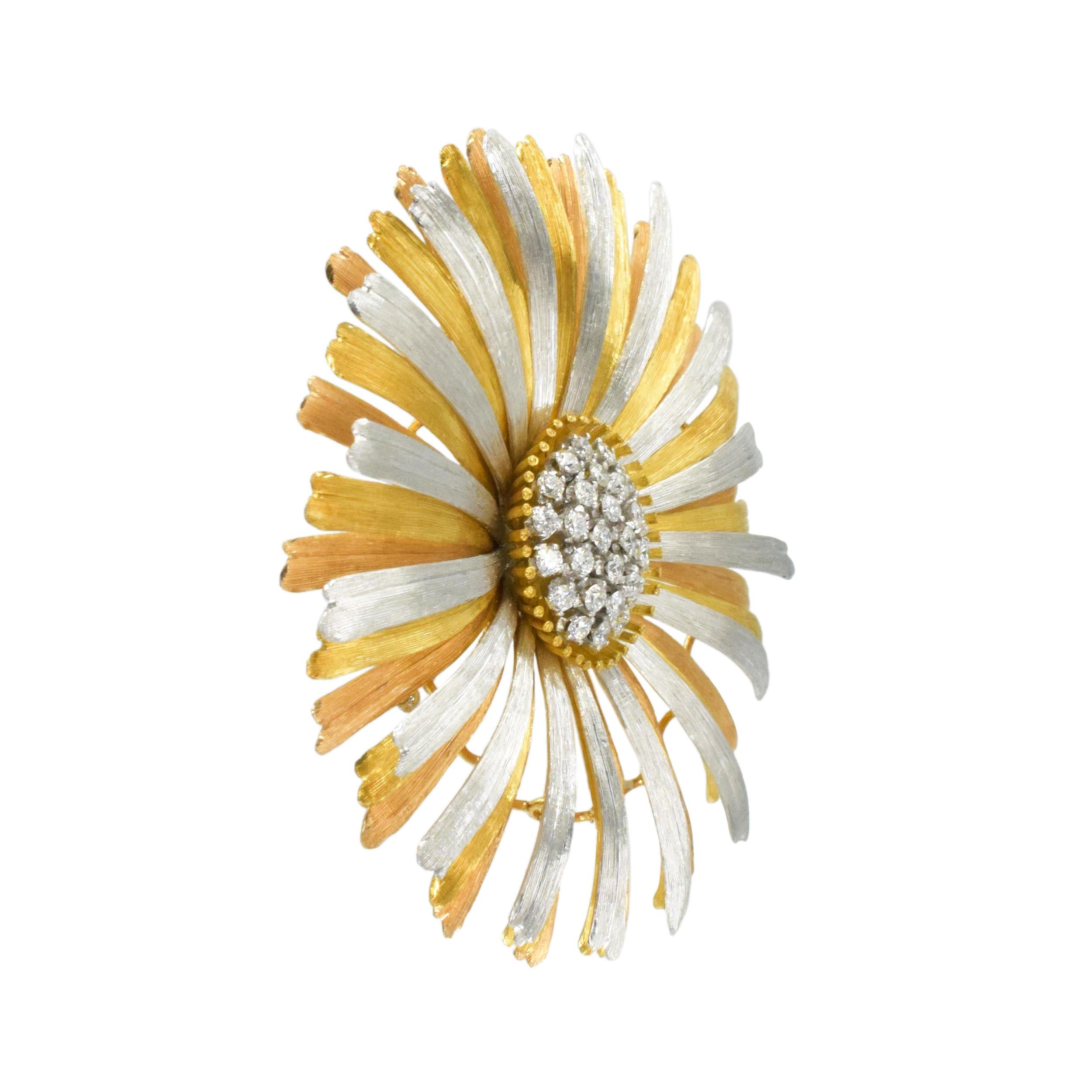Round Cut Buccellati Three-Color Gold and Diamond Brooch For Sale