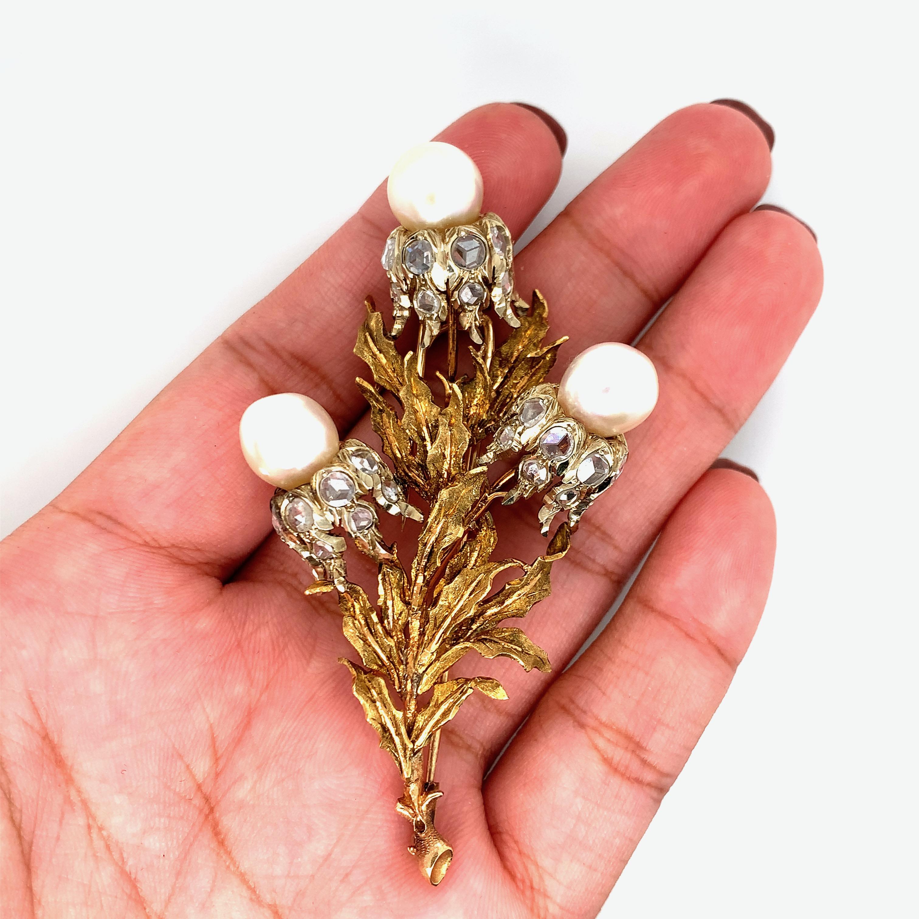 Buccellati Three Pearl Diamond Gold Brooch For Sale 4