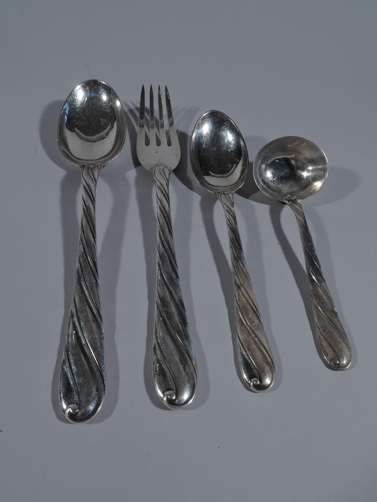 Torchon sterling silver dinner set for twelve. Made by Buccellat in Italy. This set comprises 88 pieces (dimensions in inches): Forks: 12 dinner forks (8 5/16) and 12 salad forks (7); spoons: 12 oval soup spoons (6 7/8) and 24 teaspoons (5 3/4);
