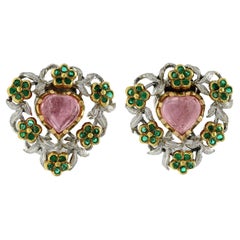Buccellati Tourmaline and Emerald in 18K Gold Heart Flower Omega Back Earrings