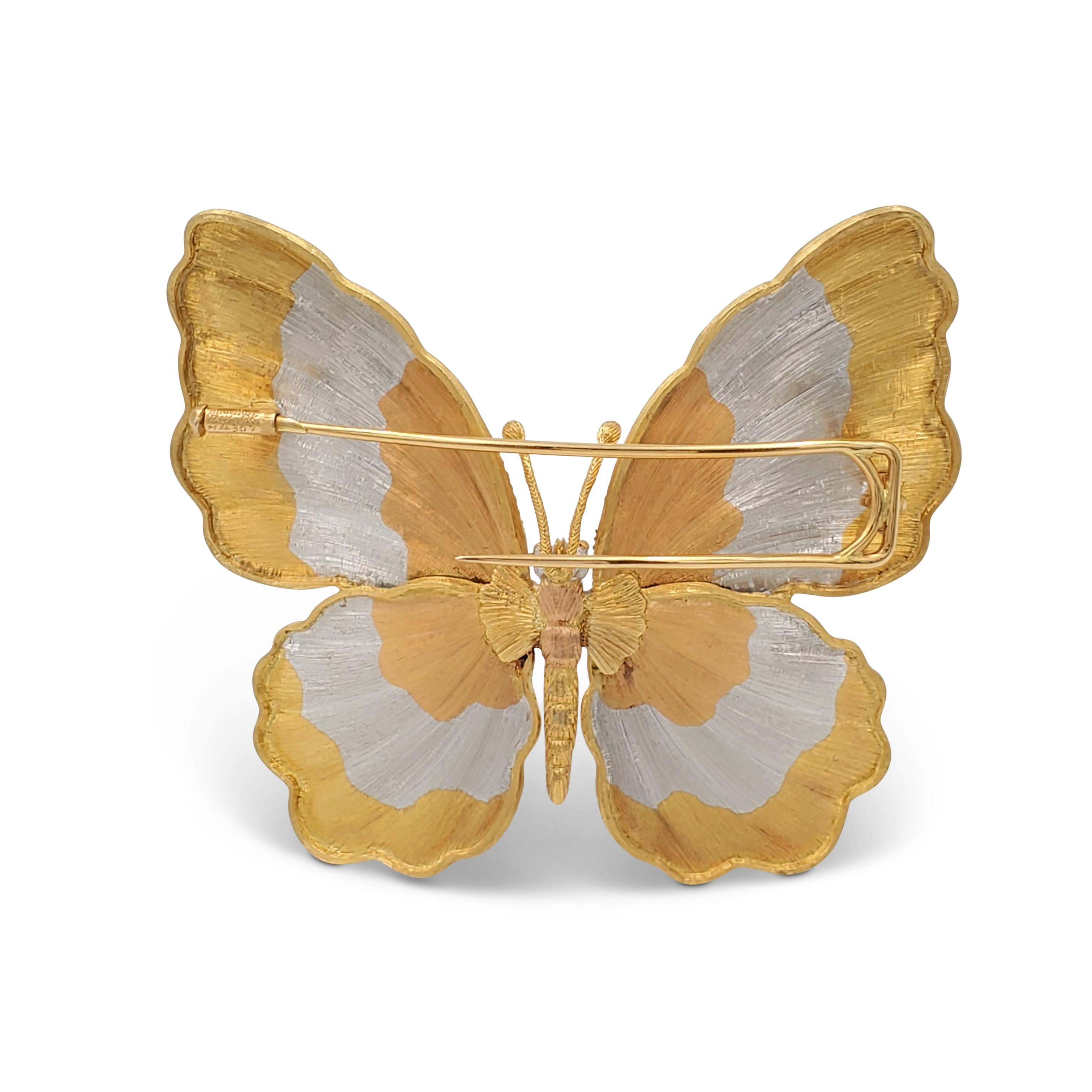 Buccellati Tri-Color Gold Butterfly Brooch In Excellent Condition In New York, NY