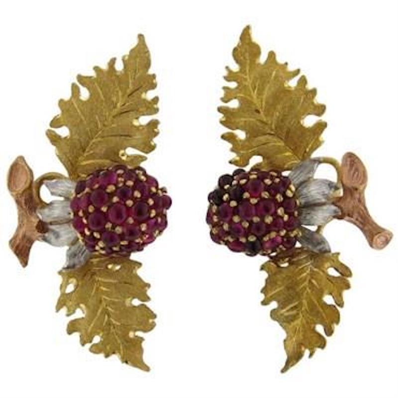 Cabochon Buccellati Tri Color Gold Ruby Leaf Berry Earrings