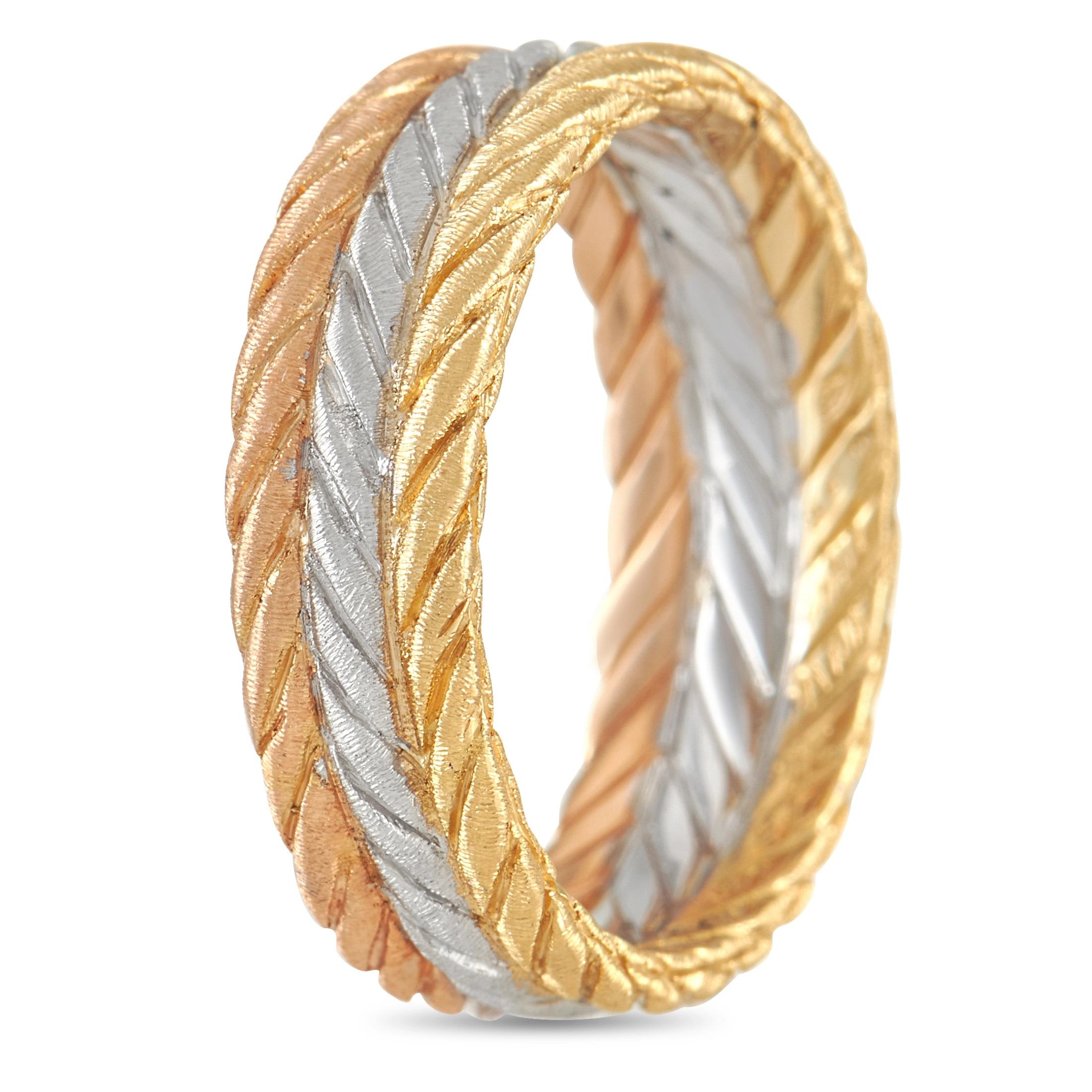 The tricolor ring worth treasuring. The Buccellati Tricolor 18K Yellow, Rose, White Gold Braided Ring features three bands crafted in three different materials showcasing one distinctive style. In braided fashion, the yellow gold, white gold, and