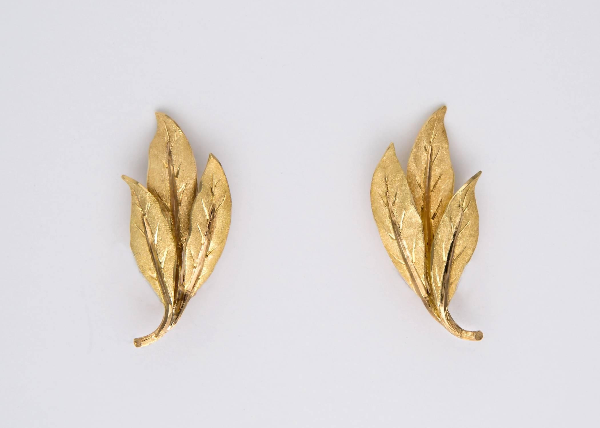 Vintage Buccellati triple leaf earrings.  1 1/8 inches in length.  A classic wearable design. 