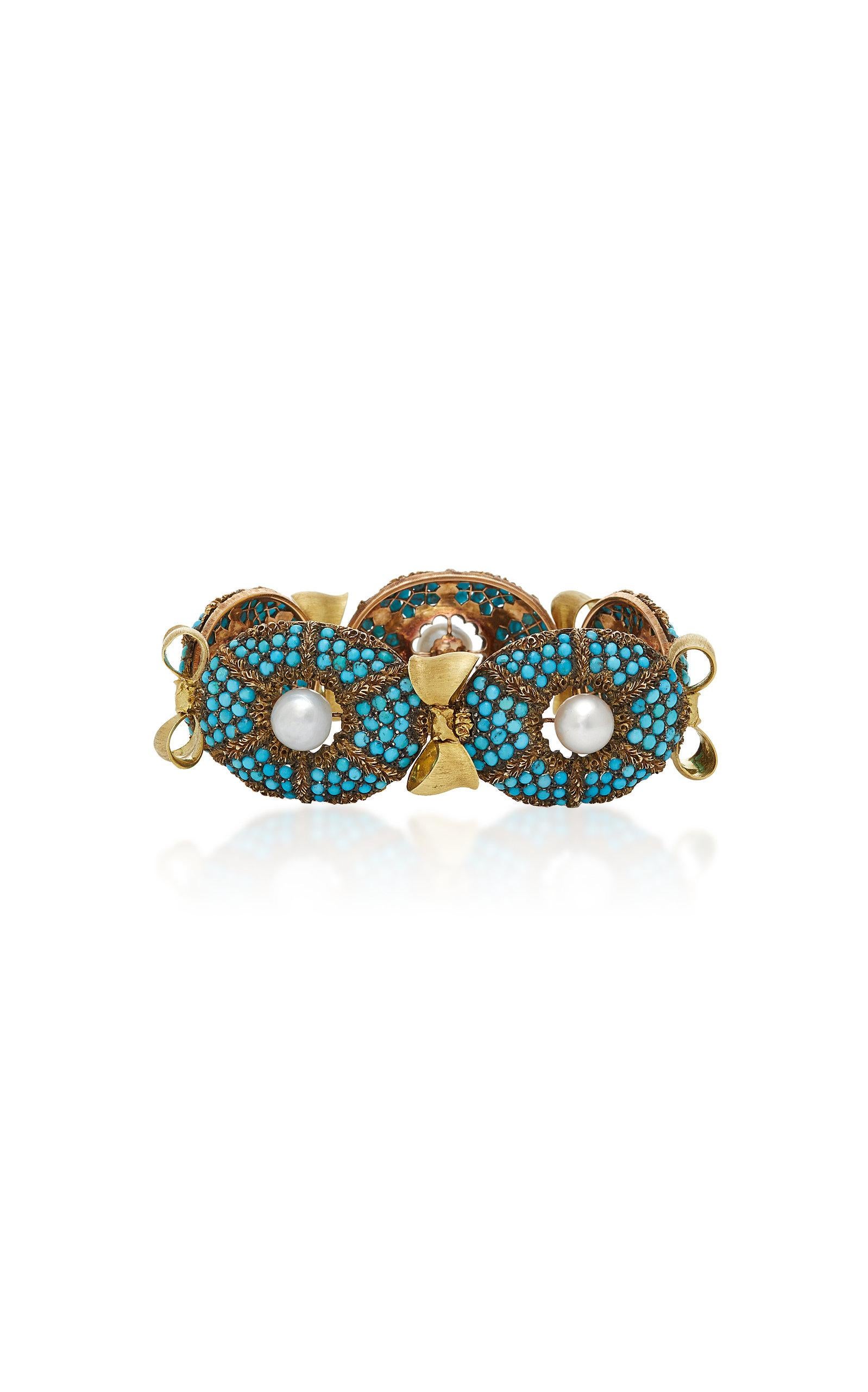 Buccellati bracelet in 18kt yellow gold, composed of five oval panels, each with cultured pearl center to a pavé-set turquoise cabochon cluster surround interspersed with chased leaf detailing, joined by tied bow design connections with engraved