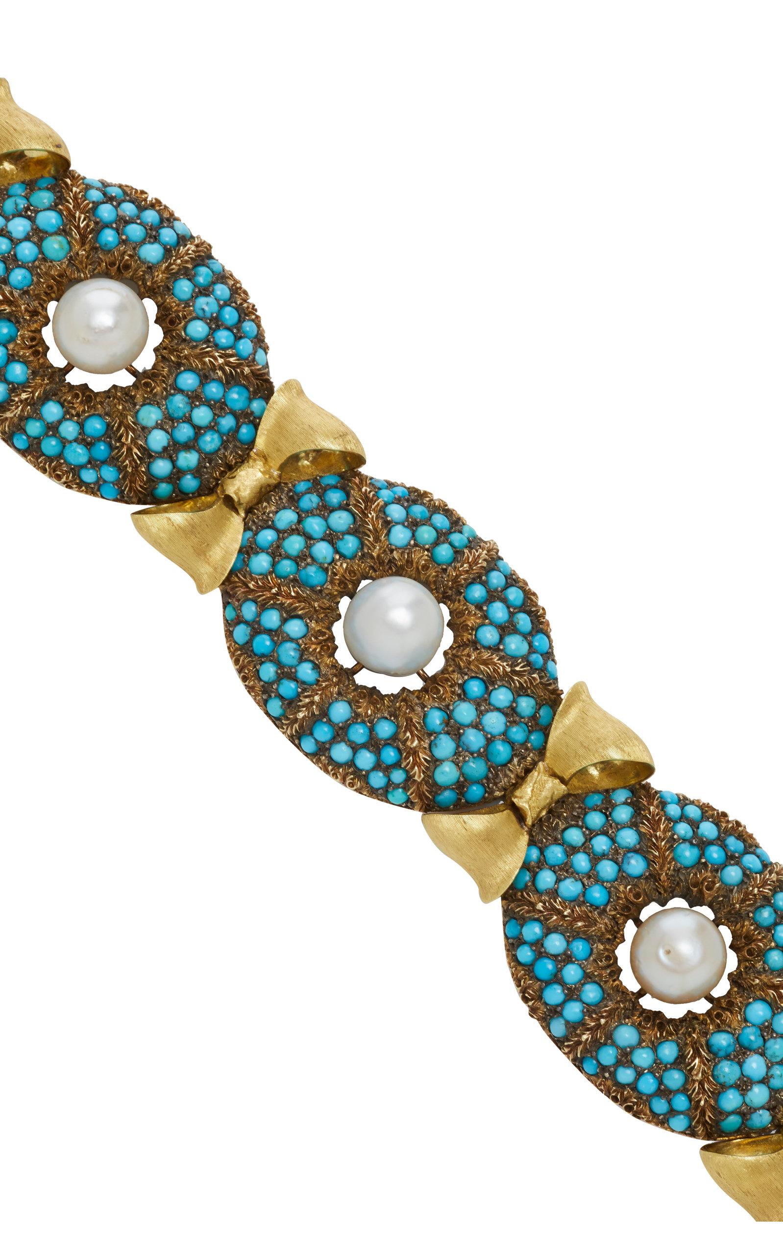 Retro Buccellati Turquoise Pearl Gold Bracelet For Sale