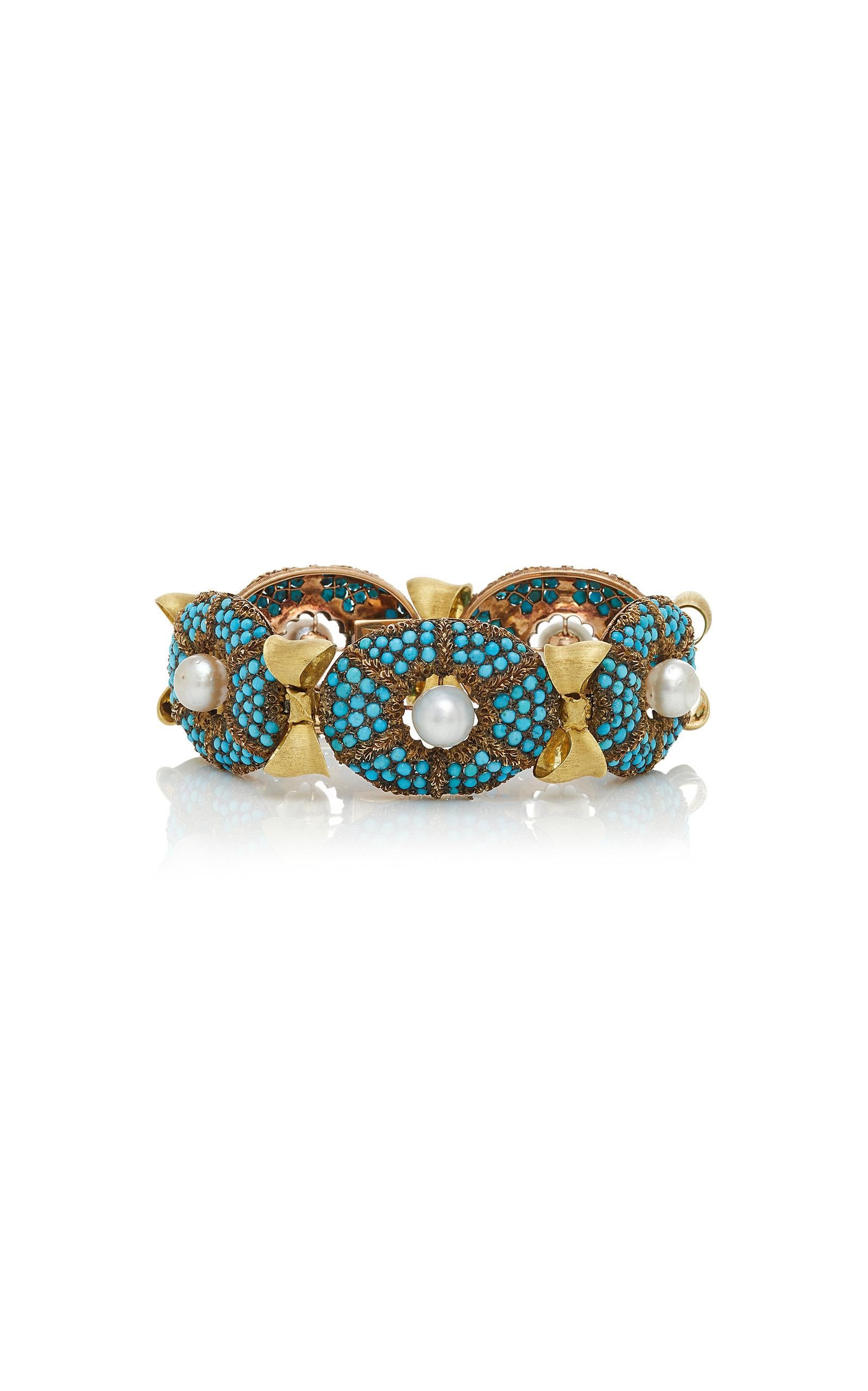 Buccellati Turquoise Pearl Gold Bracelet In Good Condition For Sale In New York, NY