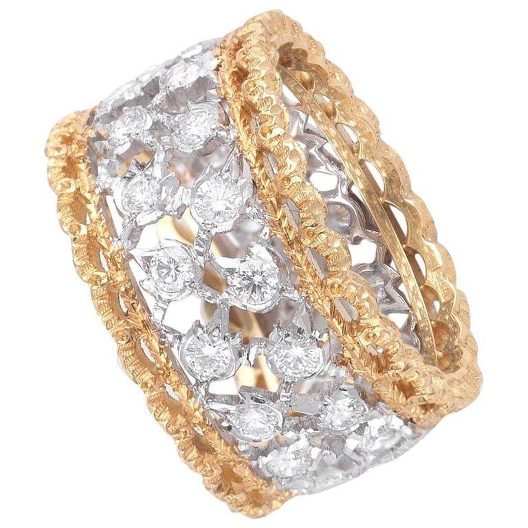 Buccellati Two-Tone Gold and Diamonds Cluster Band Ring In Excellent Condition In Firenze, IT