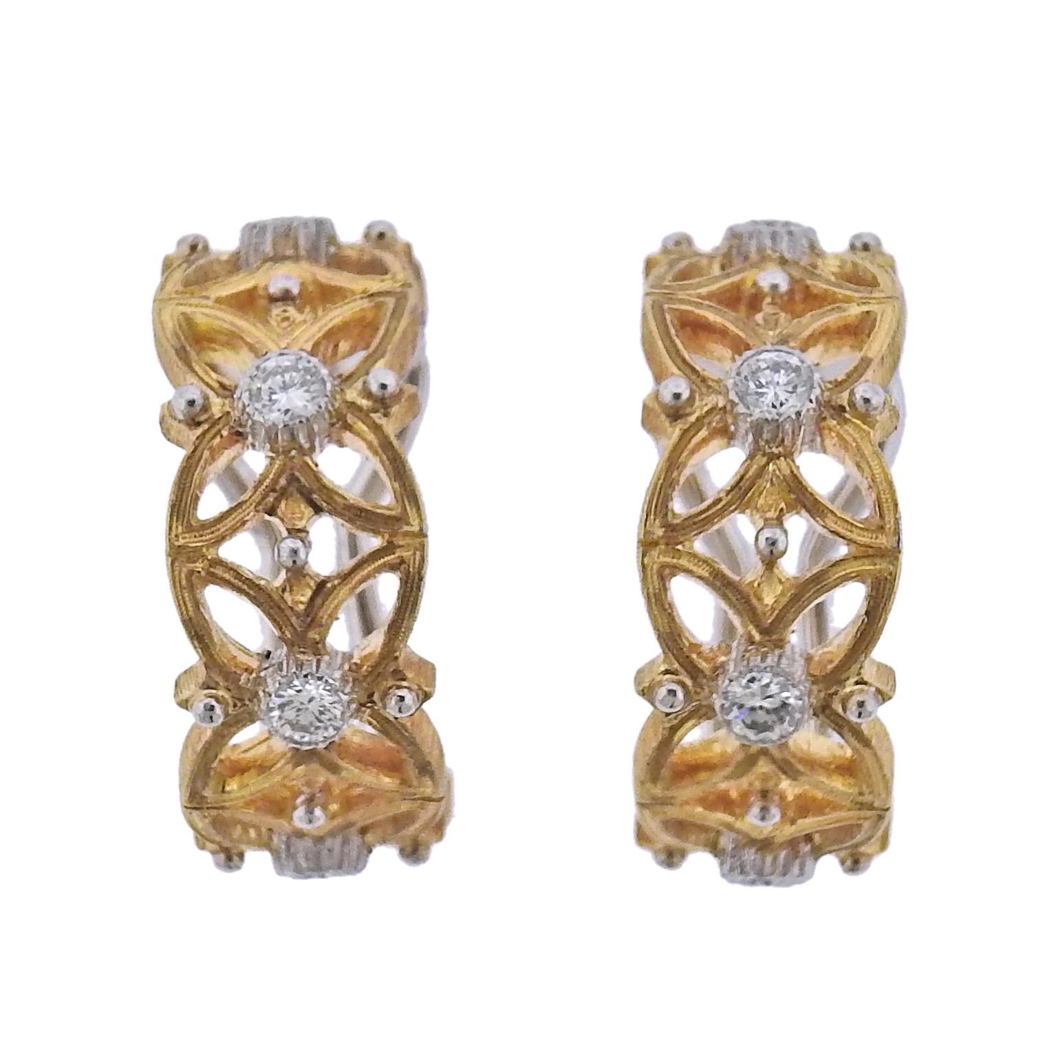 A pair of 18K yellow and white gold earrings set with approximately 0.48ctw of G/VS diamonds.  Crafted by Buccellati, the earrings are 19mm in diameter and 8mm wide.  The weight of the earrings is 11.8 grams.  Marked: Buccellati, 750.  Come with