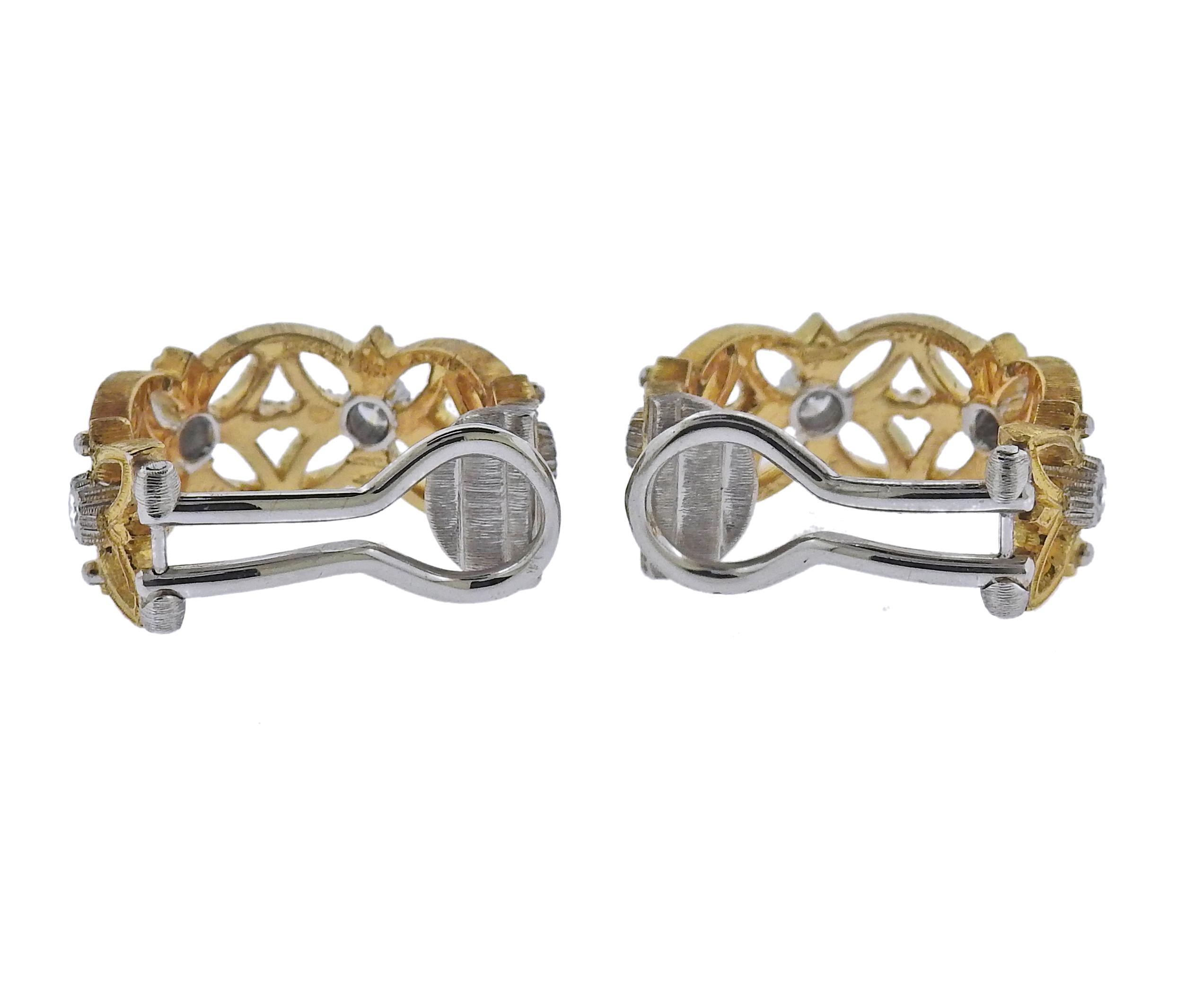 Round Cut Buccellati Two Tone Gold Diamond Hoop Earrings For Sale