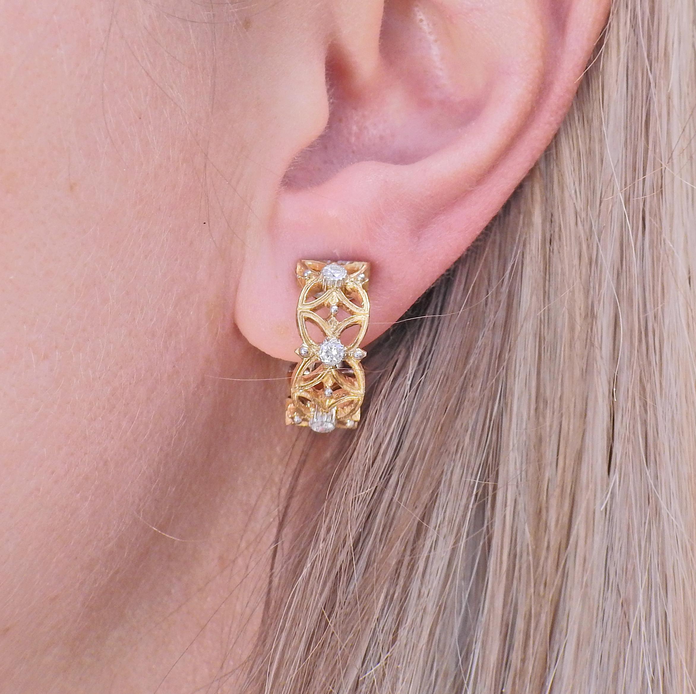 Women's Buccellati Two Tone Gold Diamond Hoop Earrings For Sale