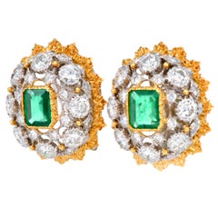 Buccellati Vintage  18K Gold Emerald & Diamond Statement Clip-On Earrings