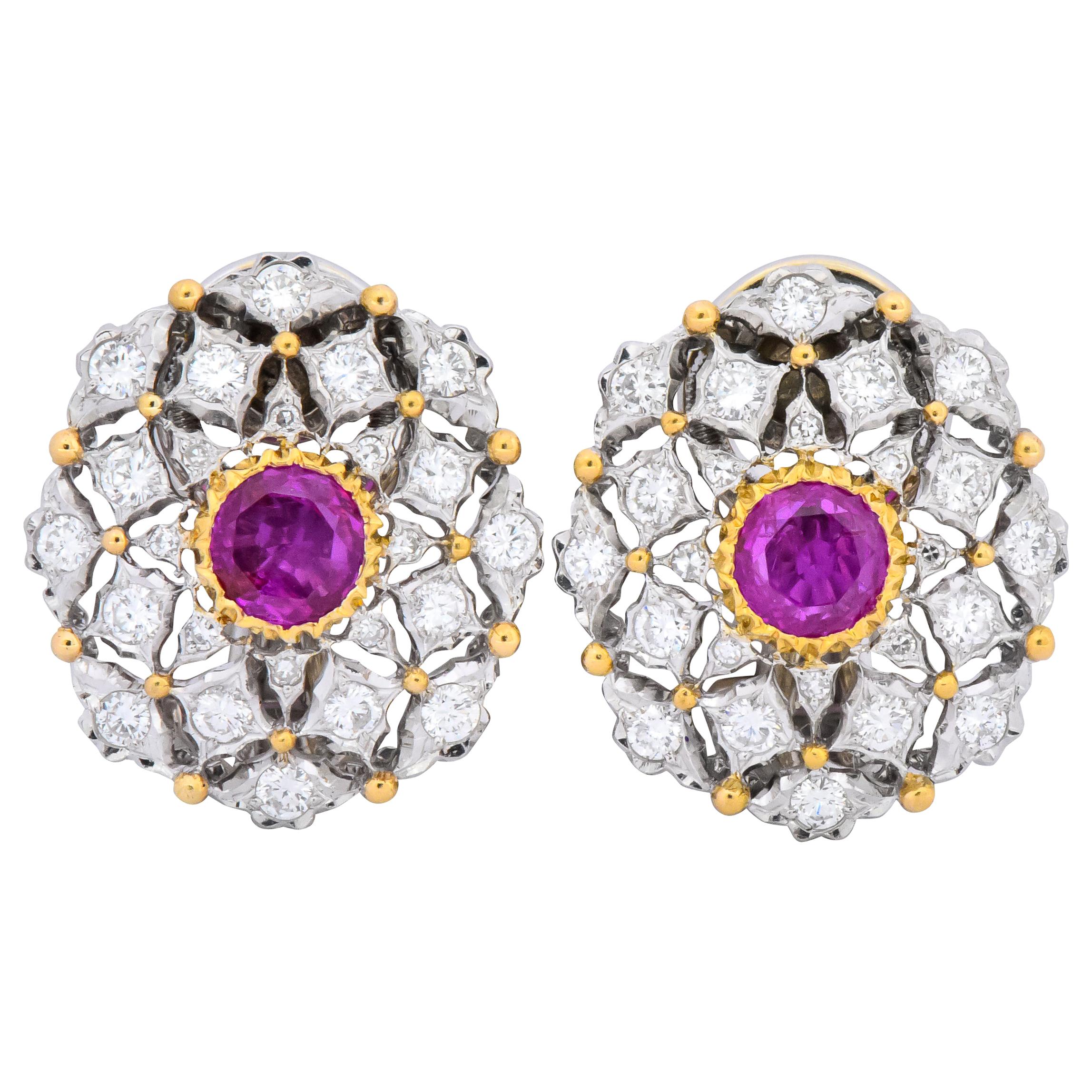 Buccellati Vintage 2.75 Carat Ruby Diamond 18 Karat Two-Tone Gold Earrings