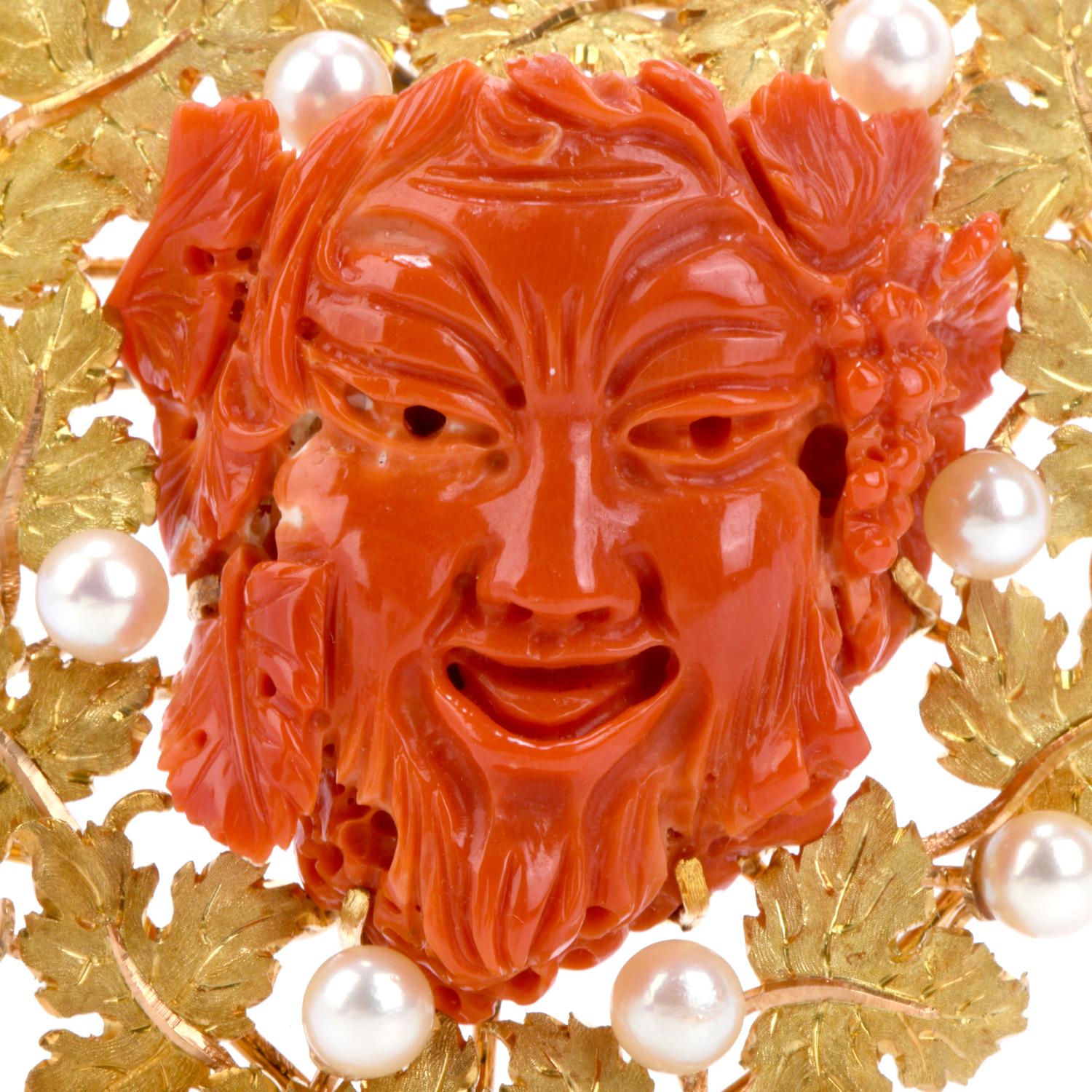 Acquire this rare Buccellati brooch and convertible pendant to make two valiant statements in your collection. 

Bacchus is the beloved Roman God of agriculture, wine, and fertility. 

The bright natural red coral centerpiece is surrounded by a