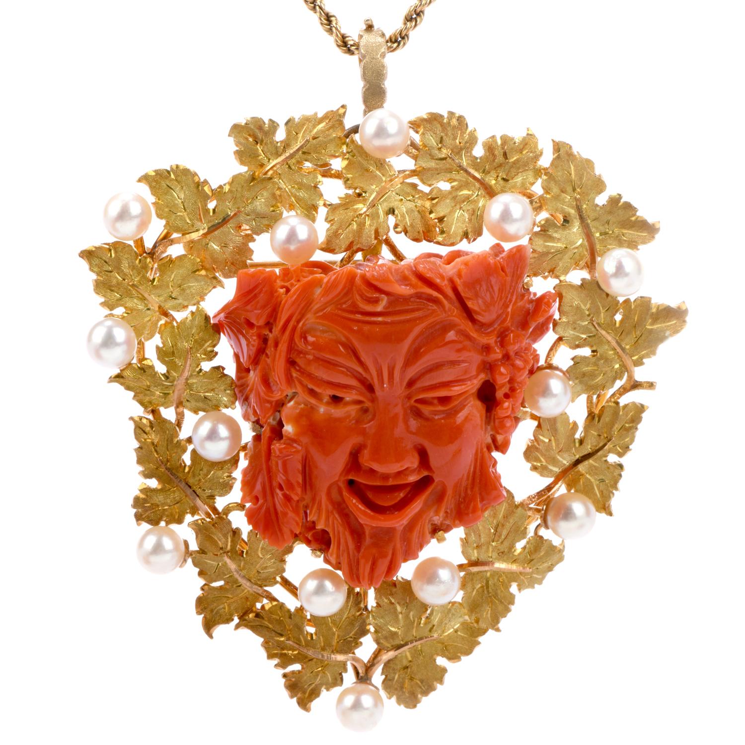 Art Nouveau Buccellati Vintage Bacchus Roman God Natural Coral Akoya Pearl 18K Brooch Pendan For Sale