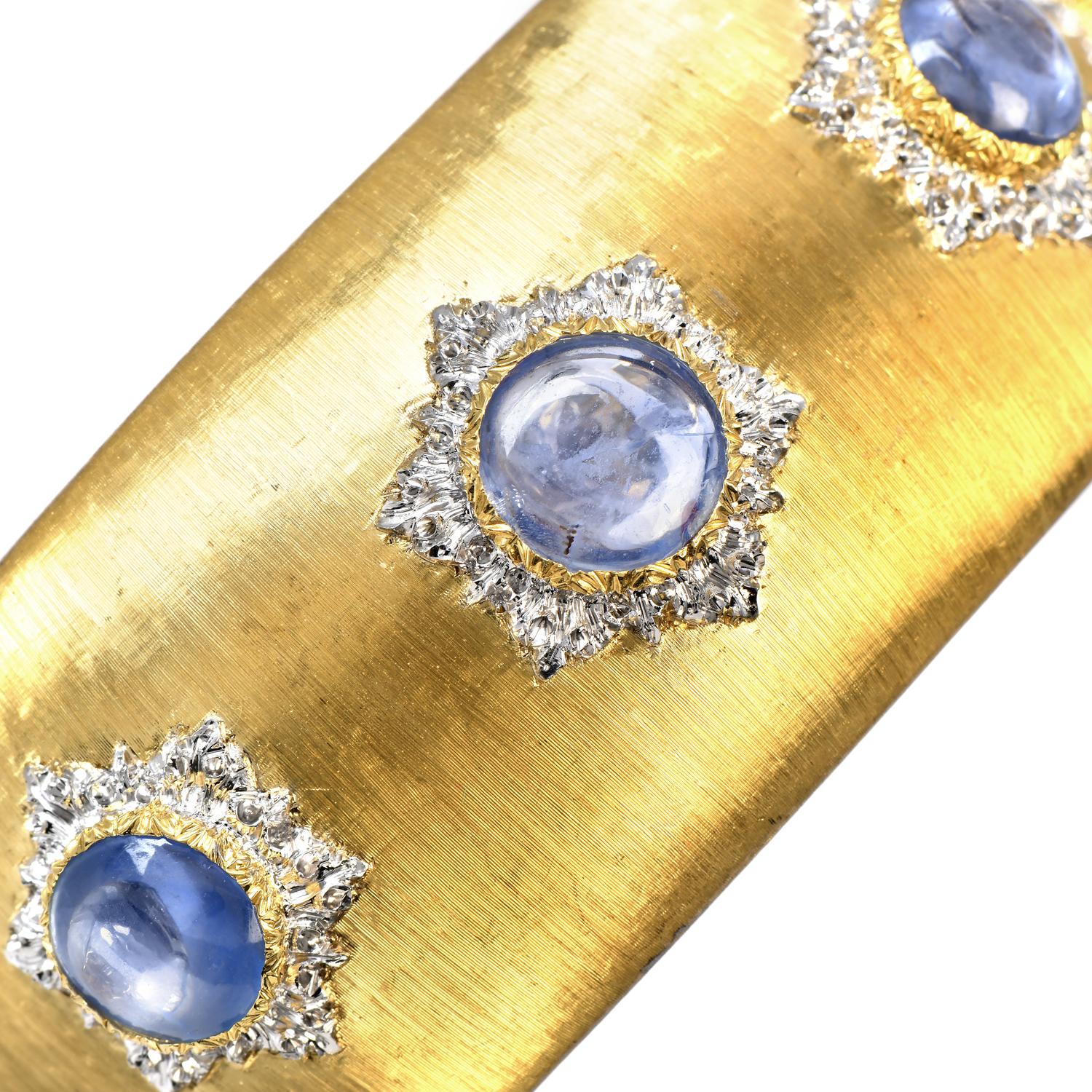Art Nouveau Buccellati Vintage Cabochon Blue Sapphire 18K Gold Cuff Bracelet For Sale