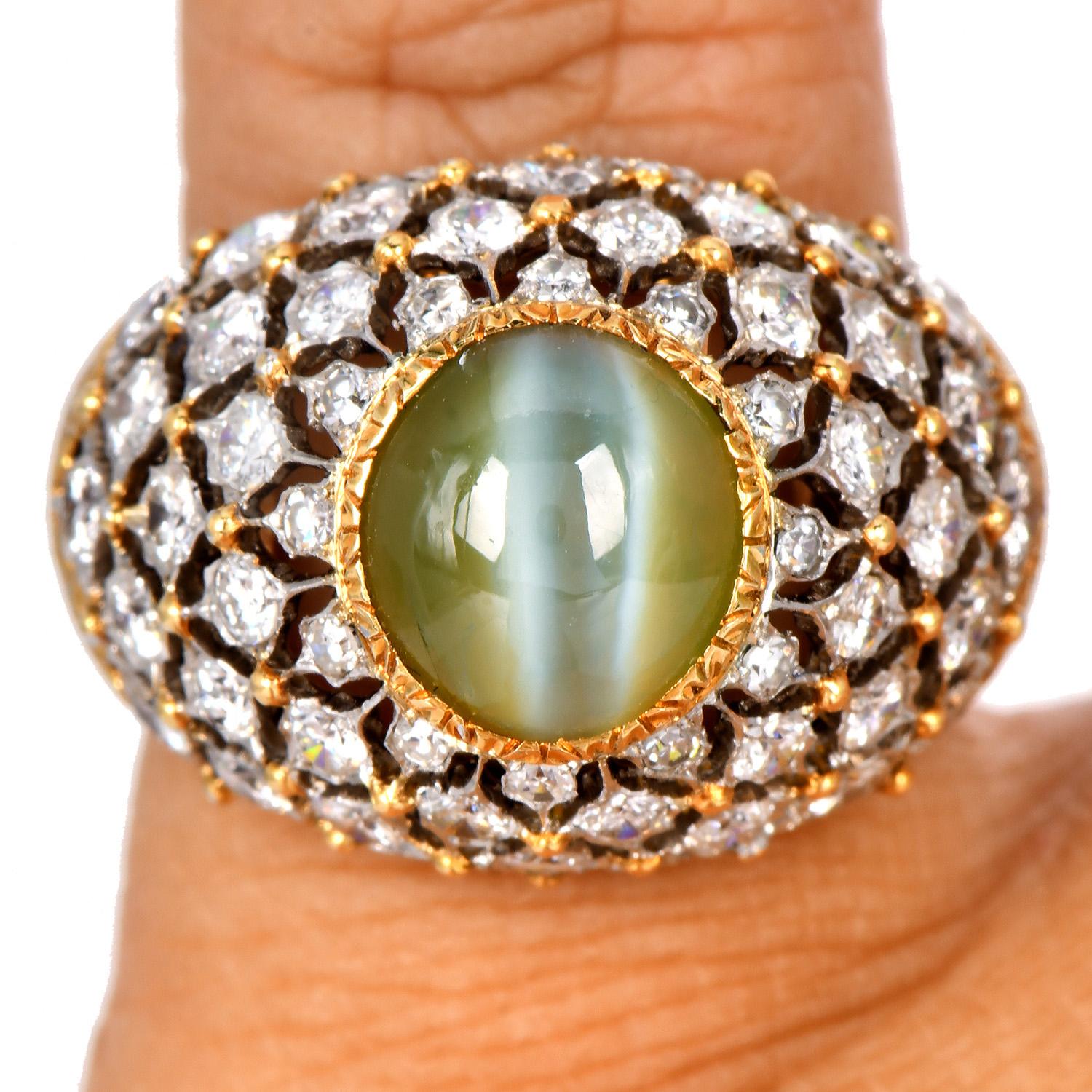 Buccellati Vintage Cat's Eye Chrysoberyl Diamond 18K Cocktail Dome Ring For Sale 4