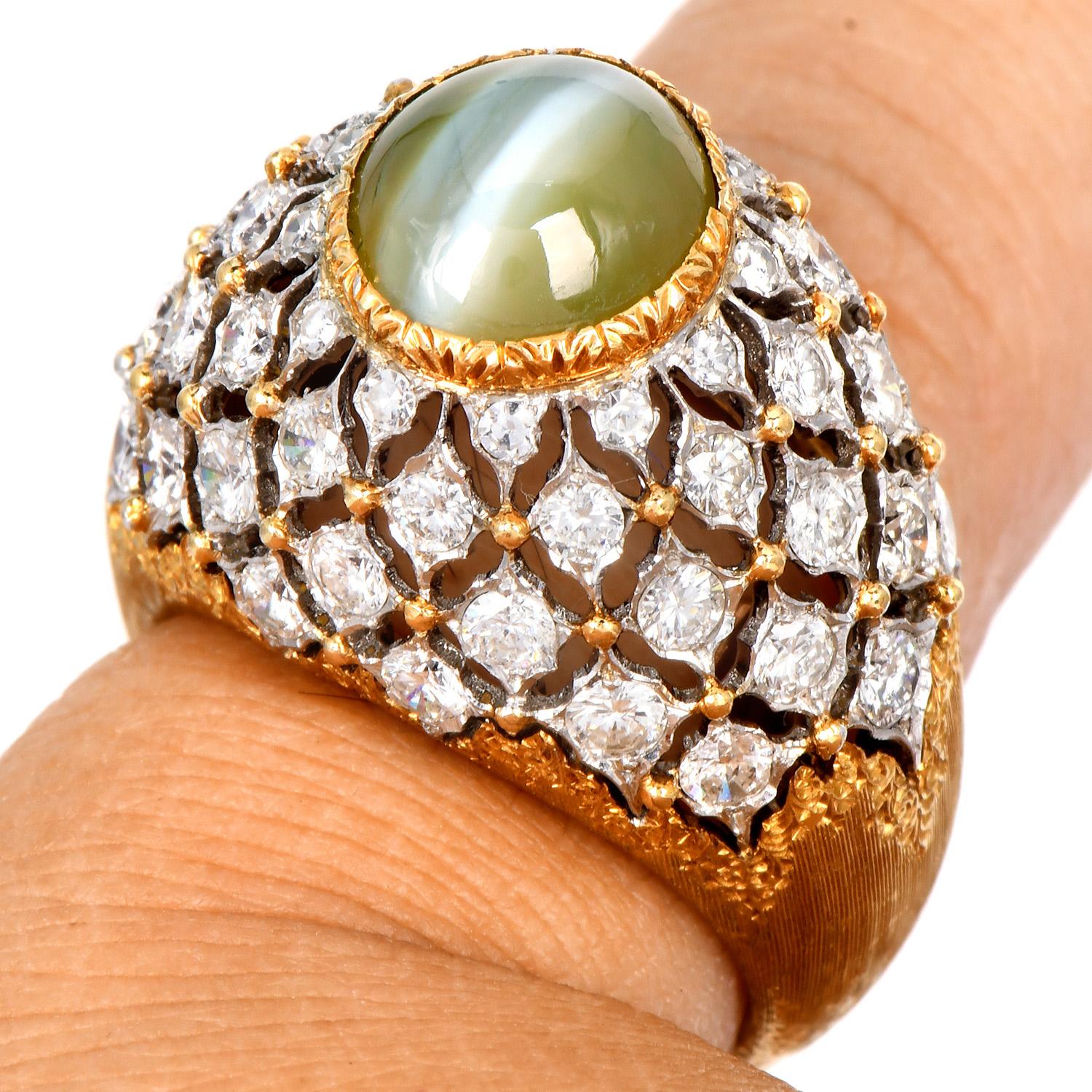 Buccellati Vintage Cat's Eye Chrysoberyl Diamond 18K Cocktail Dome Ring For Sale 5