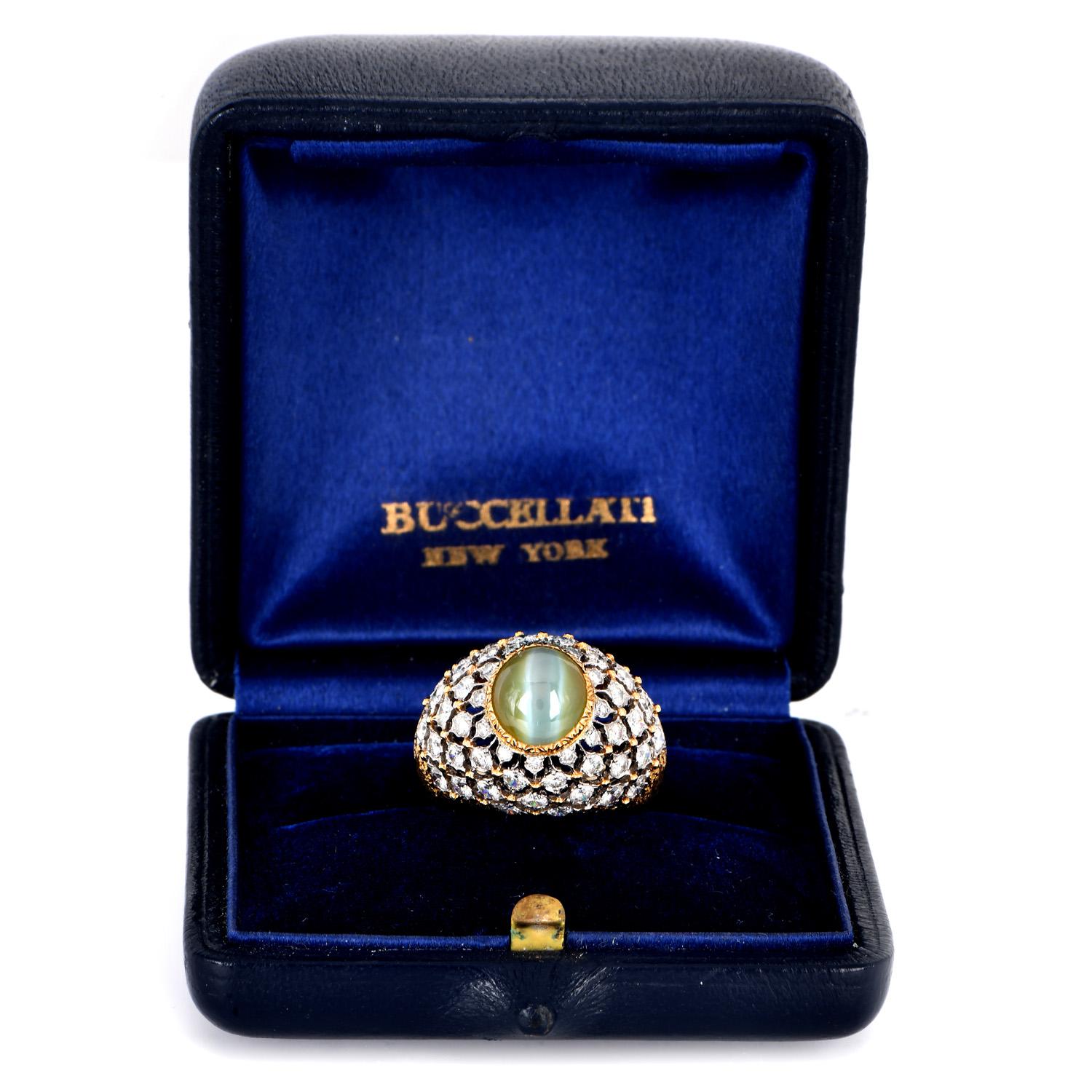 Retro Buccellati Vintage Cat's Eye Chrysoberyl Diamond 18K Cocktail Dome Ring For Sale