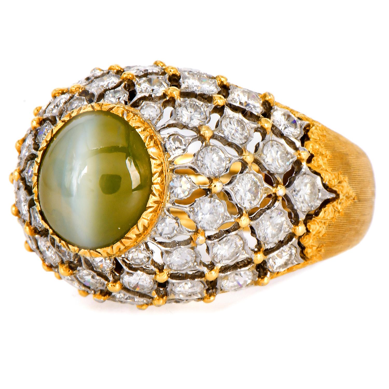 Buccellati Vintage Cat's Eye Chrysoberyl Diamond 18K Cocktail Dome Ring For Sale 1