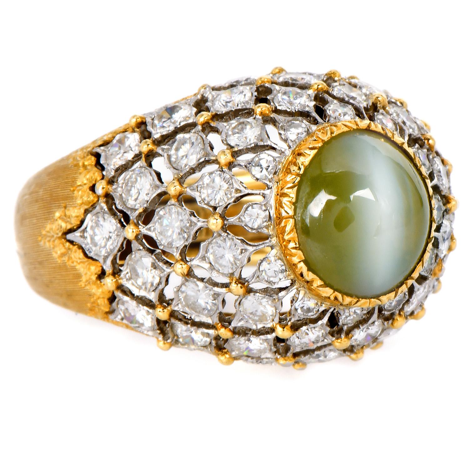 Buccellati Vintage Cat's Eye Chrysoberyl Diamond 18K Cocktail Dome Ring For Sale 3