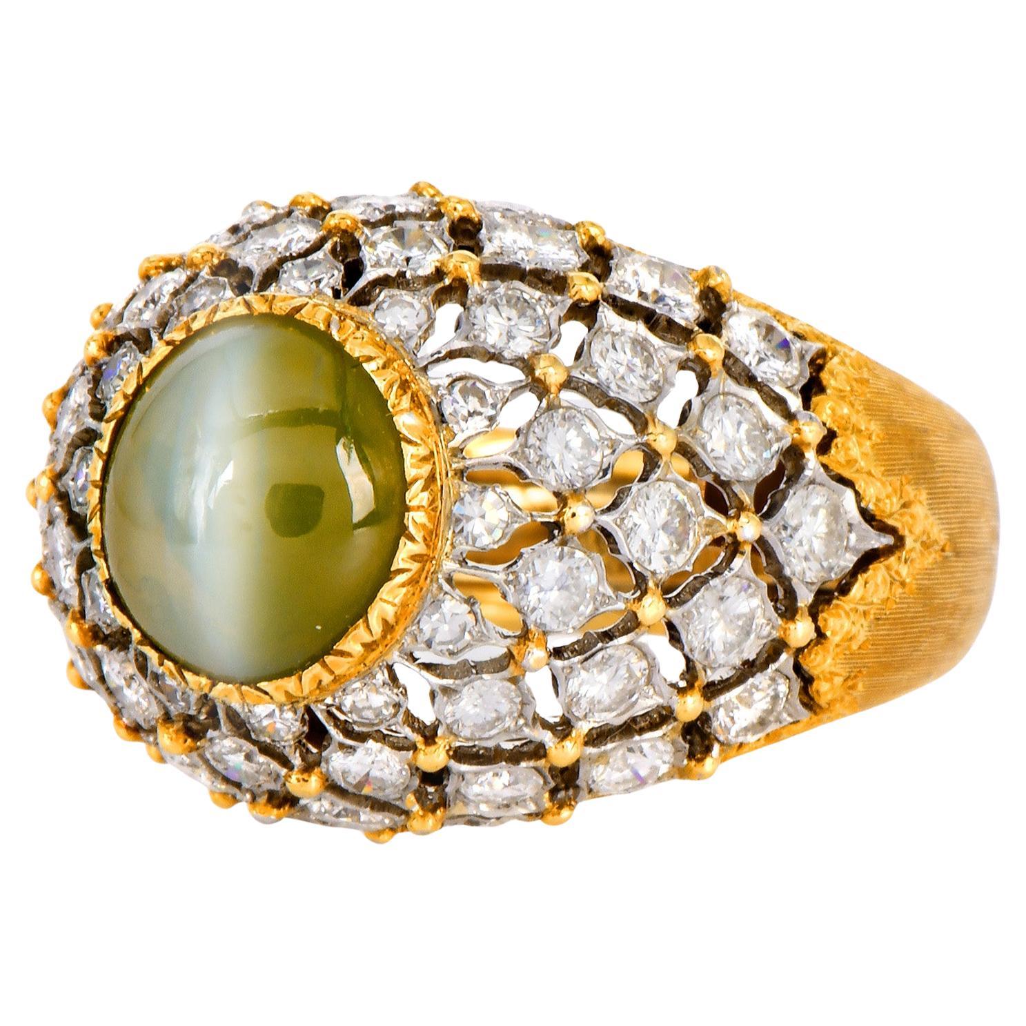 Cabochon Buccellati Vintage Cat's Eye Chrysoberyl Diamond 18K Cocktail Dome Ring For Sale