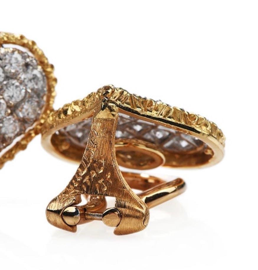 Round Cut Buccellati Vintage Diamond 18 Karat Gold Heart Clip-On Earrings For Sale