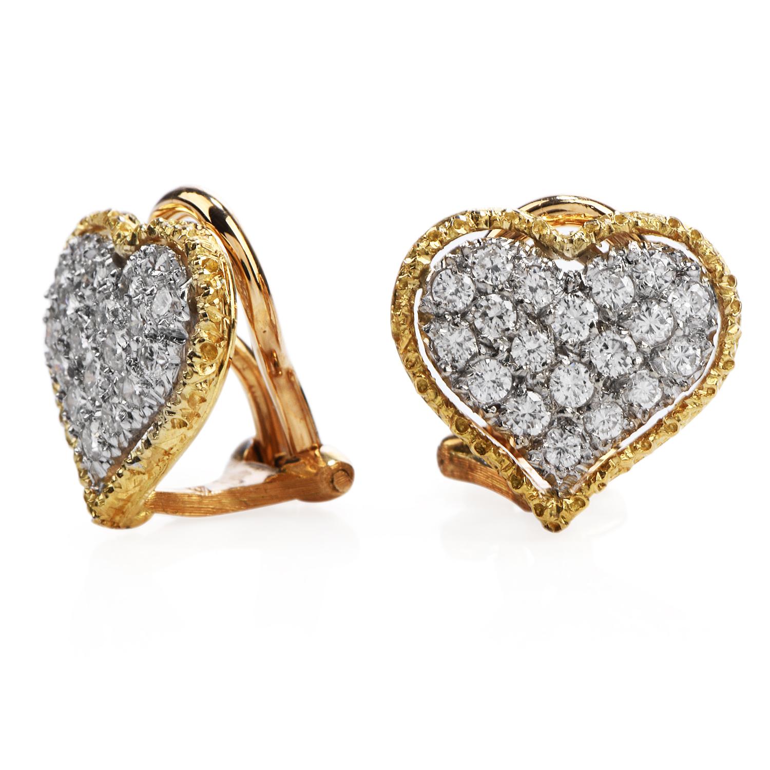 Buccellati Vintage Diamond 18 Karat Gold Heart Clip-On Earrings In Excellent Condition For Sale In Miami, FL