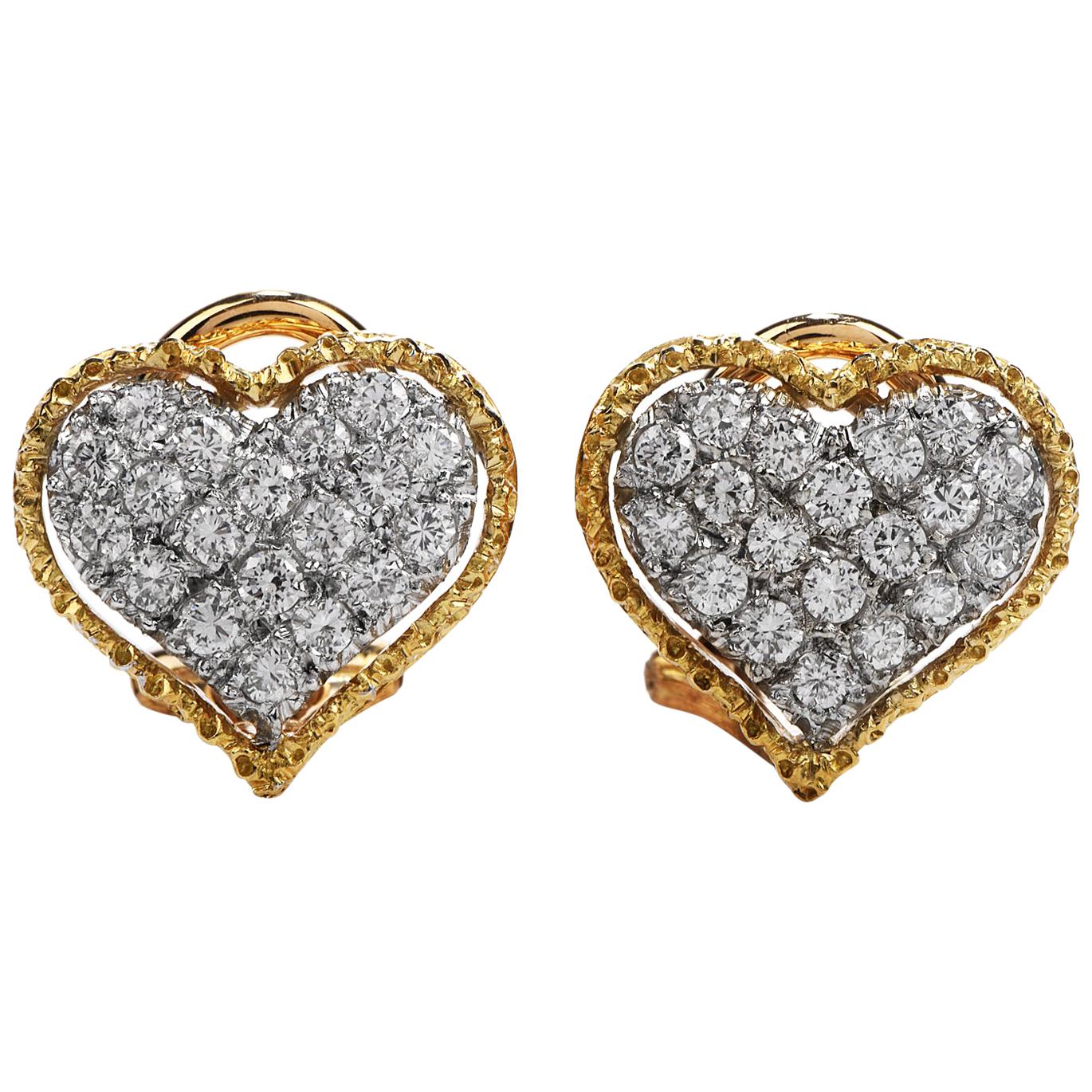 Buccellati Vintage Diamond 18 Karat Gold Heart Clip-On Earrings