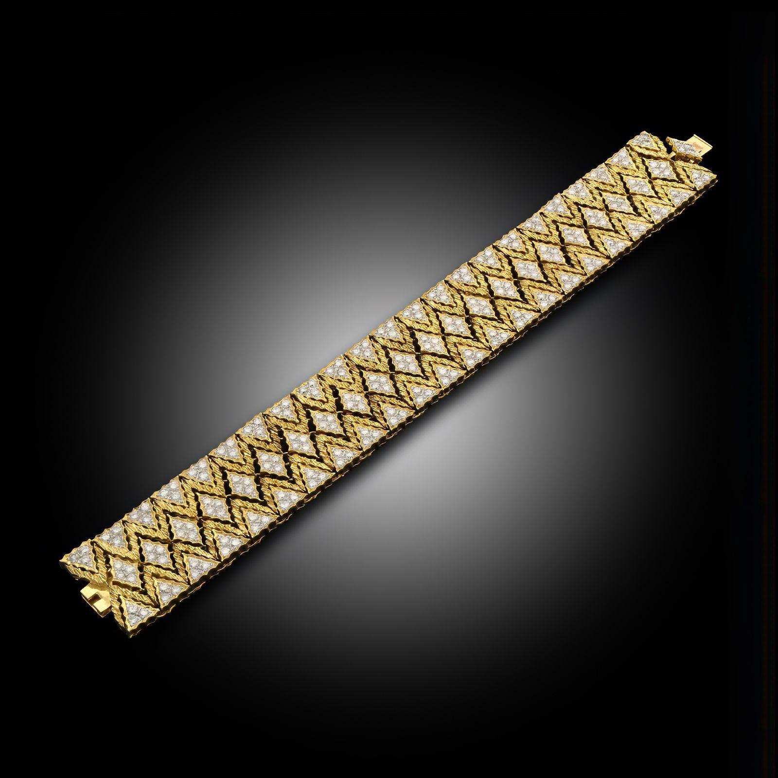 A vintage 18ct yellow gold and diamond bracelet by M. Buccellati, circa 1960. The bracelet is designed with a repeating pattern of diamond and chevron shapes in pierced and engraved 18ct yellow gold and set with round brilliant cut diamonds. Each