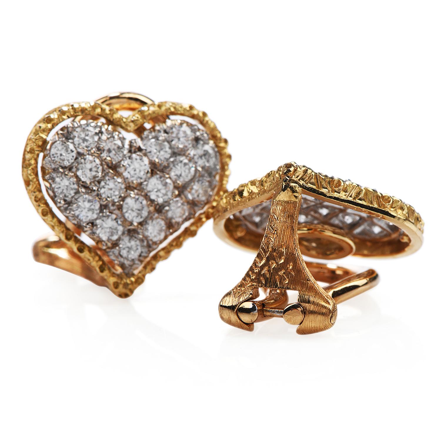 Round Cut Buccellati Vintage Diamond 18 Karat Gold Heart Clip-On Earrings