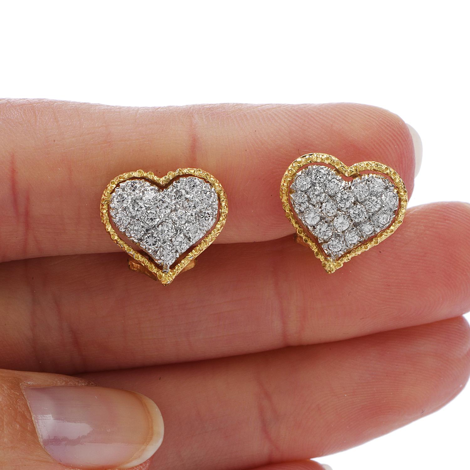 Buccellati Vintage Diamond 18 Karat Gold Heart Clip-On Earrings In Excellent Condition In Miami, FL