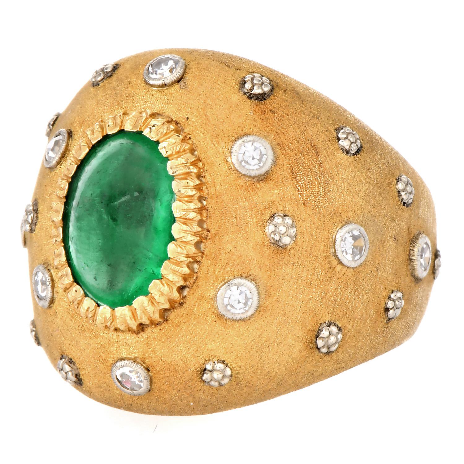 Vintage Buccellati Diamond Emerald Dome Cocktail Ring

Presenting a beautiful cocktail Dome Ring forged in 18K Yellow Gold from the house of Buccellati. The dome ring has satin-finished floral textured with a bezel set in white gold natural diamonds