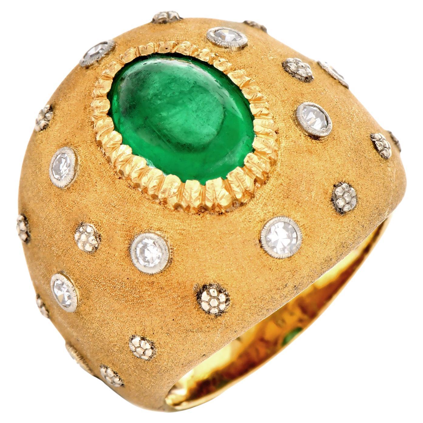 Buccellati Vintage Diamond Cabochon Emerald Gold 18K Dome Ring (Bague dôme en or 18K)