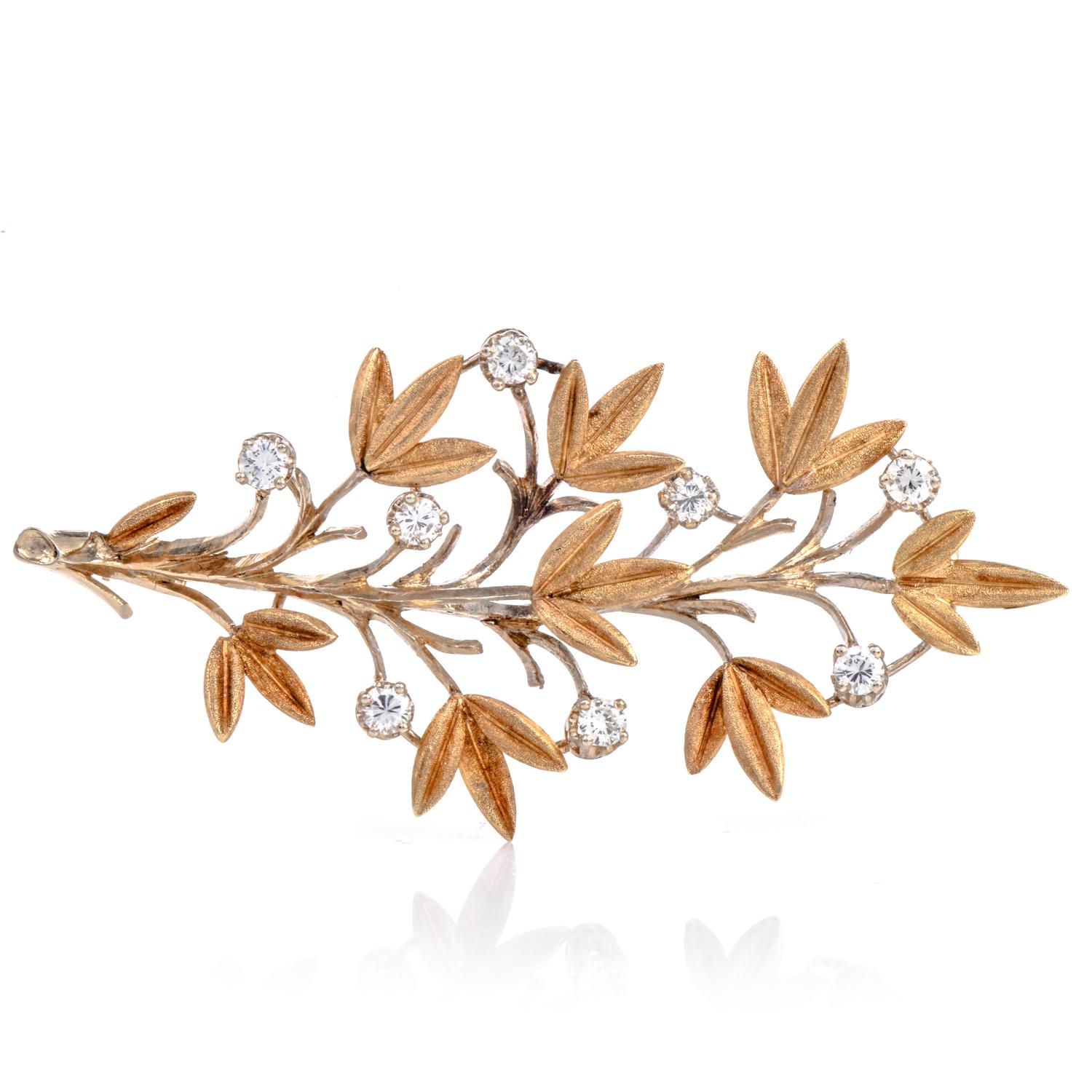 This vintage 1960s Buccellati flower pin brooch spray pin is crafted in solid 18K Yellow Gold. It is composed of 8 round-cut, prong-set, Diamonds weighing approximately 0.75 carats (G-H color and VS1 clarity) prong-set

measures approximately 2.25