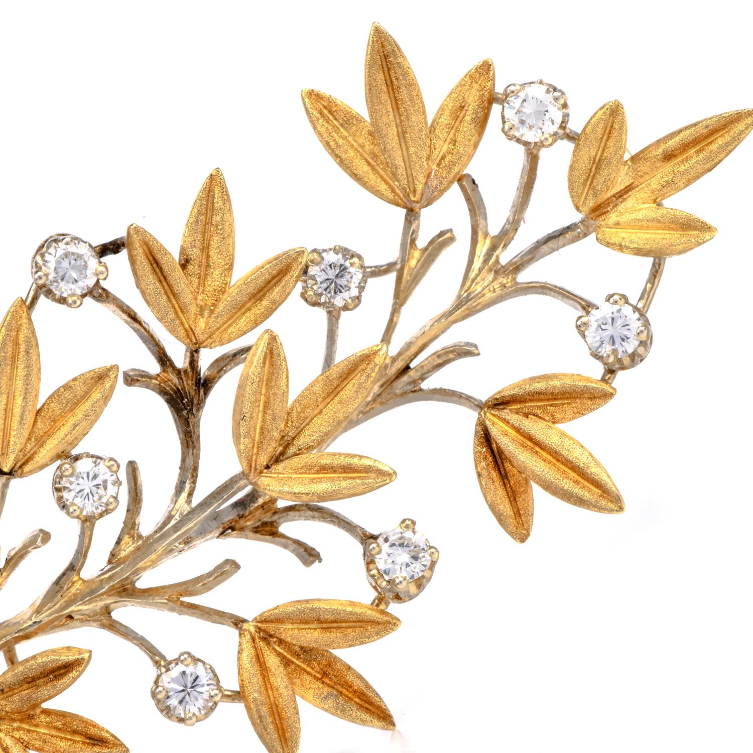 Retro Buccellati Vintage Diamond Flower 18k Gold Spray Pin For Sale