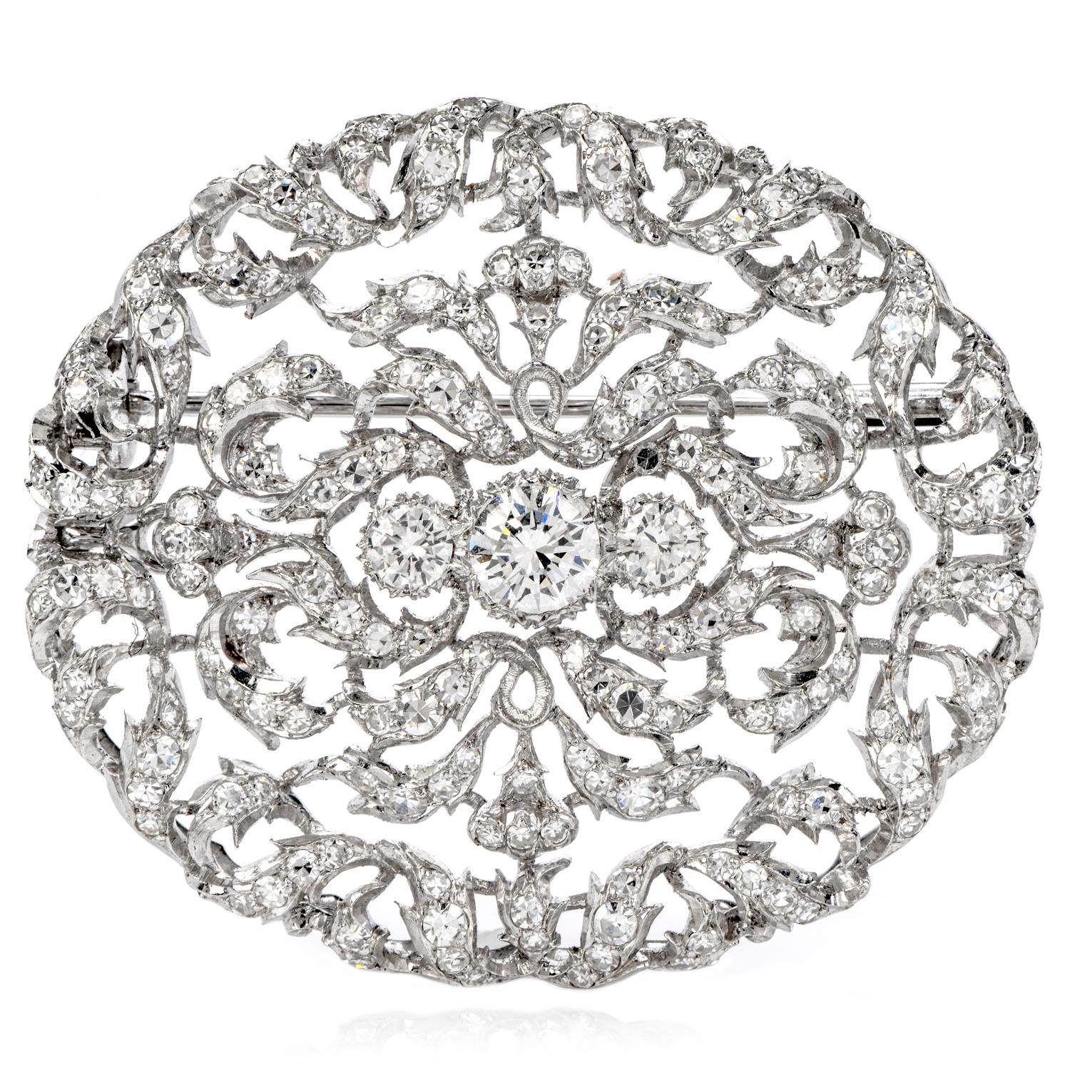 Fashion yourself with this intricate and prestigious Vintage Buccellati Diamond Platinum Filigree Brooch and Pendant! 
This brooch & pendant weighs approximately 22 grams, is set in quality platinum, and measures at 39 mm x 44 mm. 

Three genuine