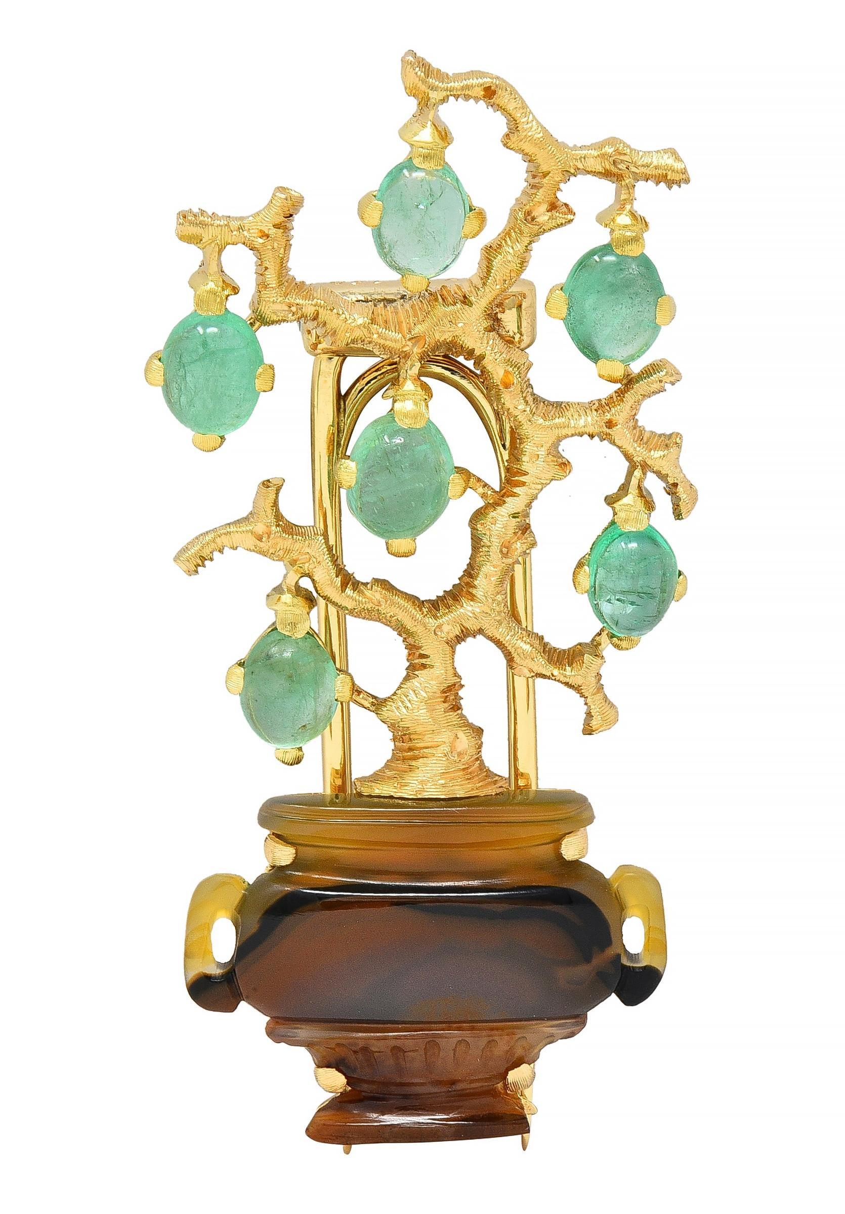 Buccellati Vintage Emerald Agate 18 Karat Yellow Gold Giardinetti Tree Brooch For Sale 8
