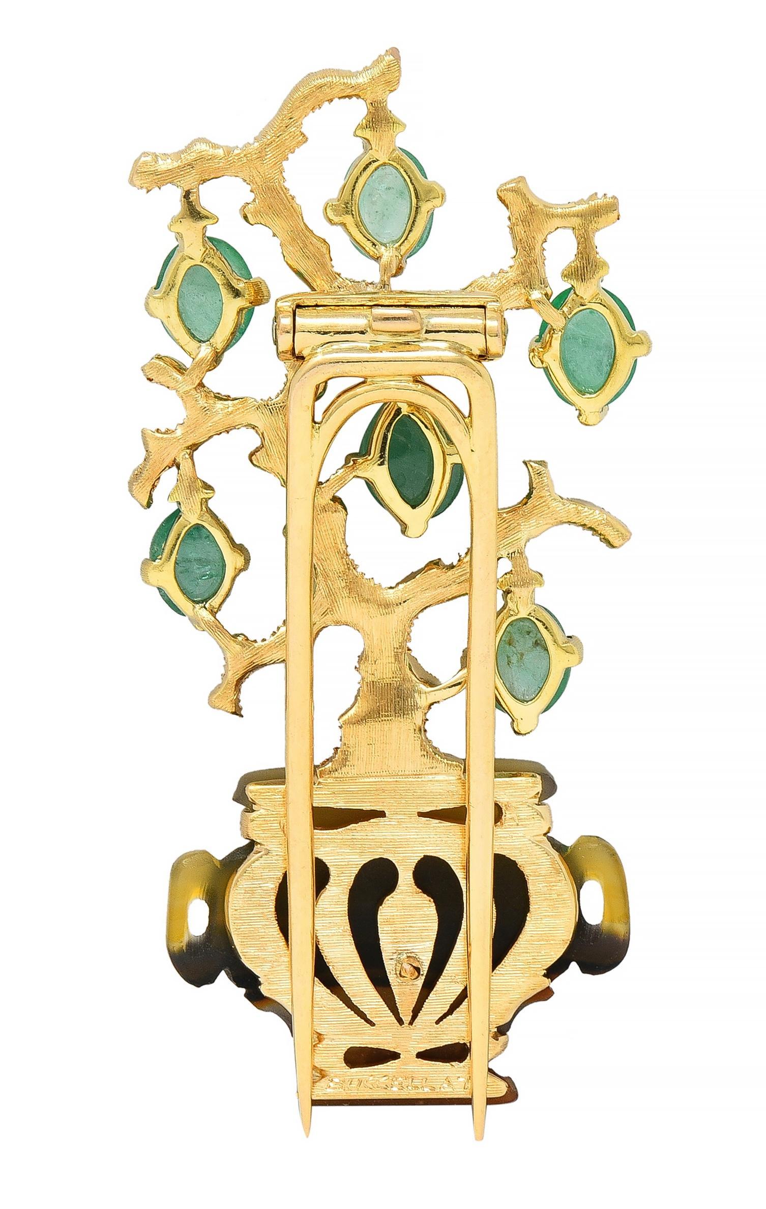 Cabochon Buccellati Vintage Emerald Agate 18 Karat Yellow Gold Giardinetti Tree Brooch For Sale
