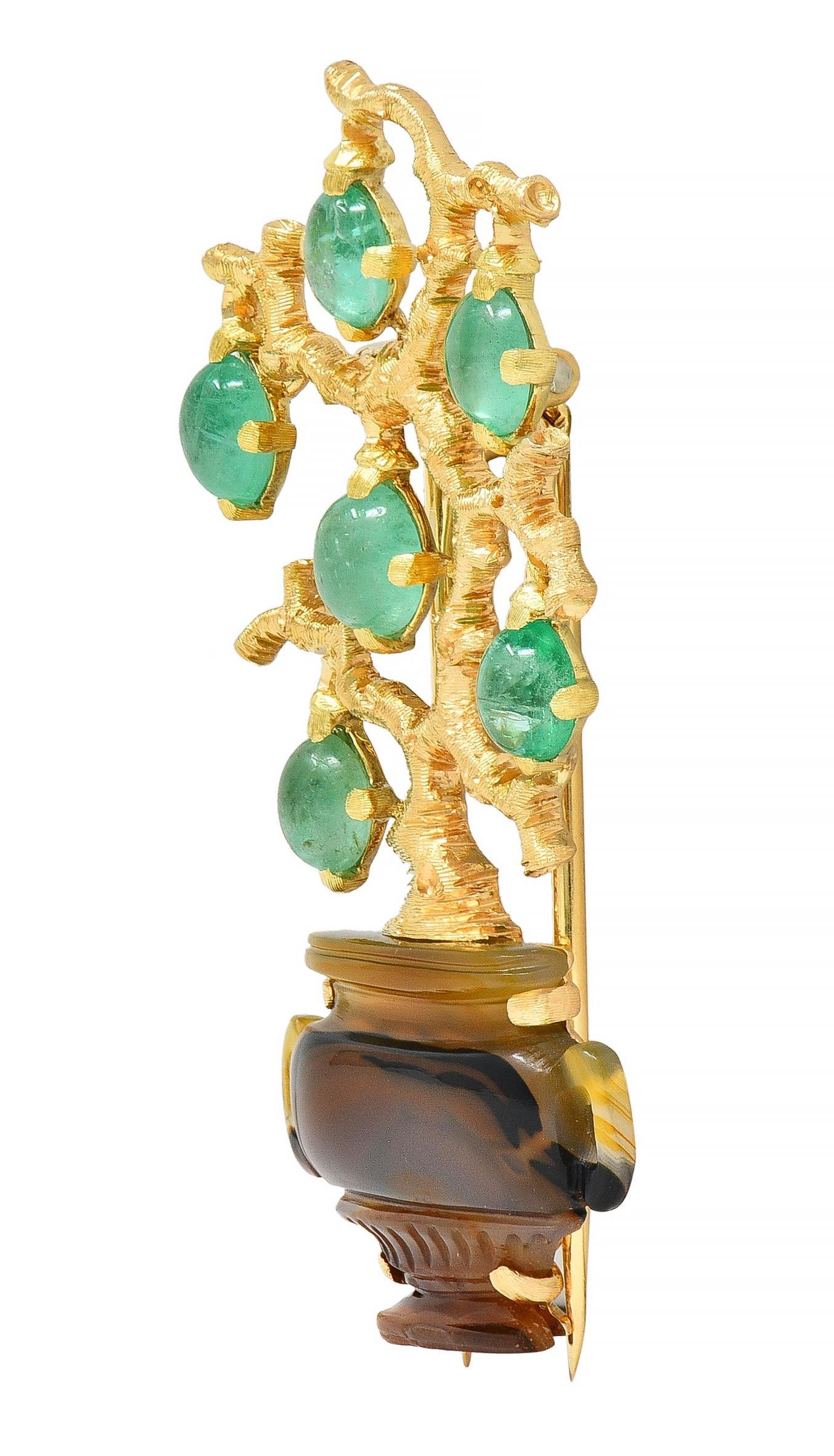 Cabochon Buccellati Vintage Emerald Agate 18 Karat Yellow Gold Giardinetti Tree Brooch For Sale