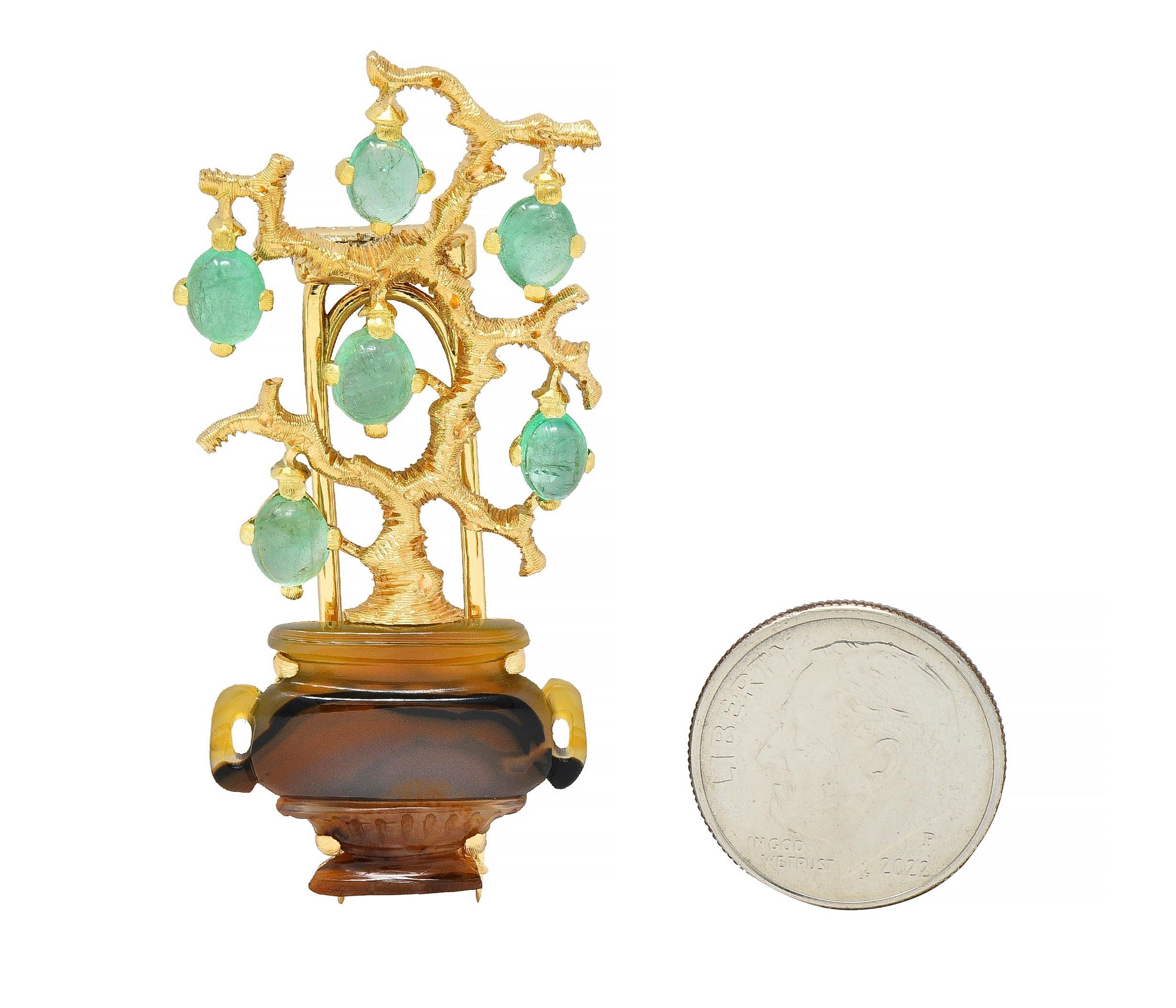 Women's or Men's Buccellati Vintage Emerald Agate 18 Karat Yellow Gold Giardinetti Tree Brooch For Sale