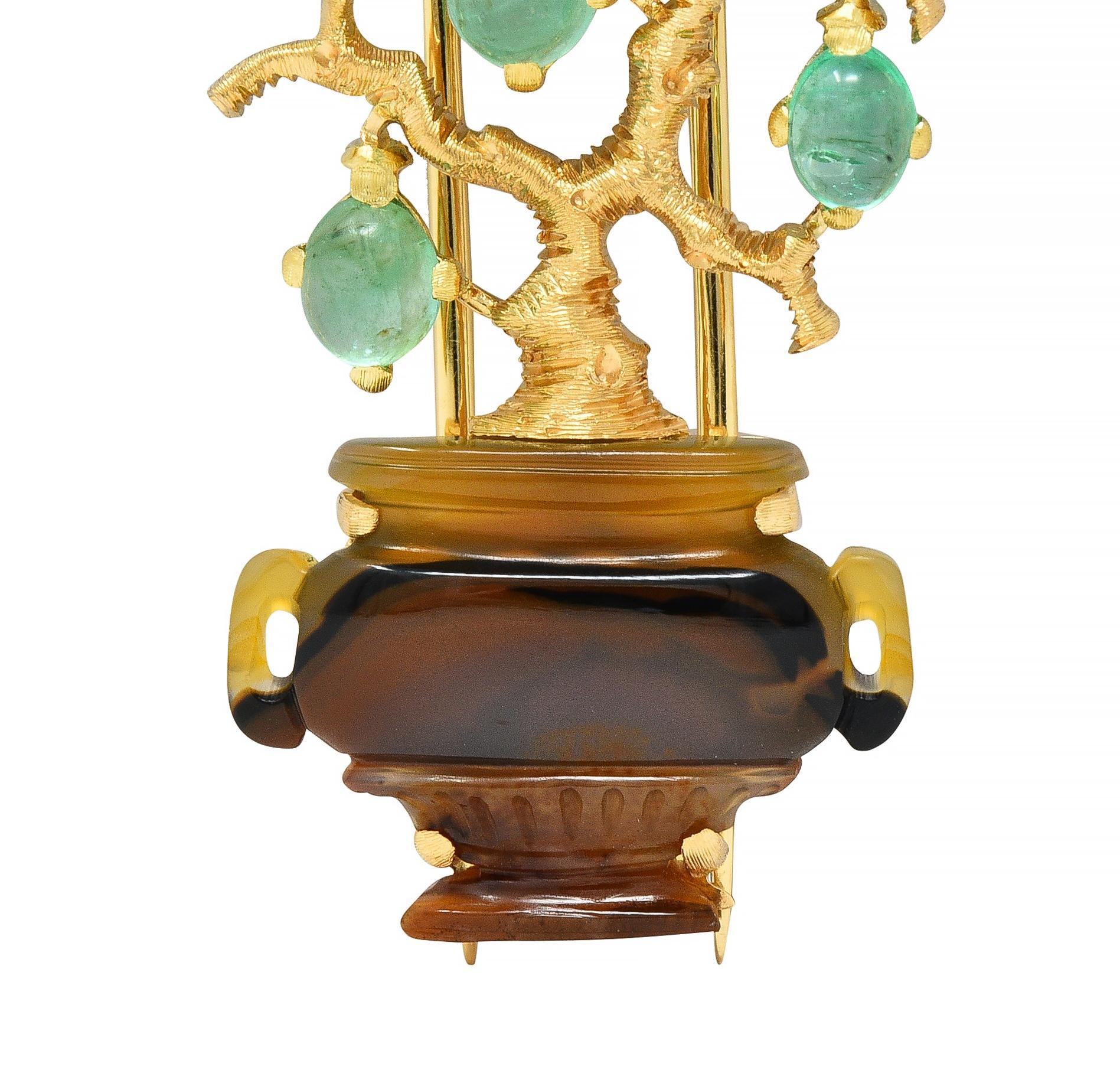 Buccellati Vintage Emerald Agate 18 Karat Yellow Gold Giardinetti Tree Brooch For Sale 4