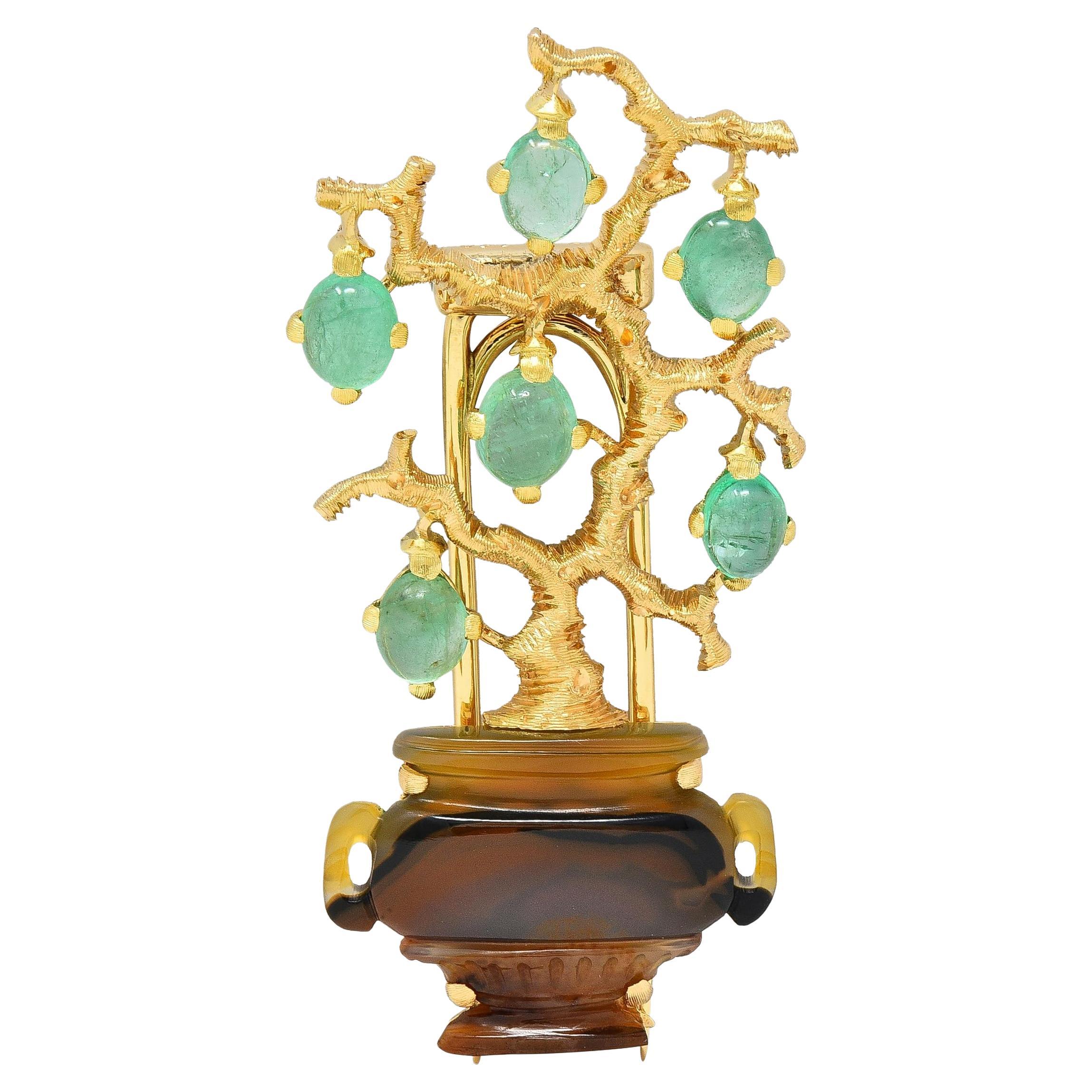 Buccellati Vintage Emerald Agate 18 Karat Yellow Gold Giardinetti Tree Brooch For Sale