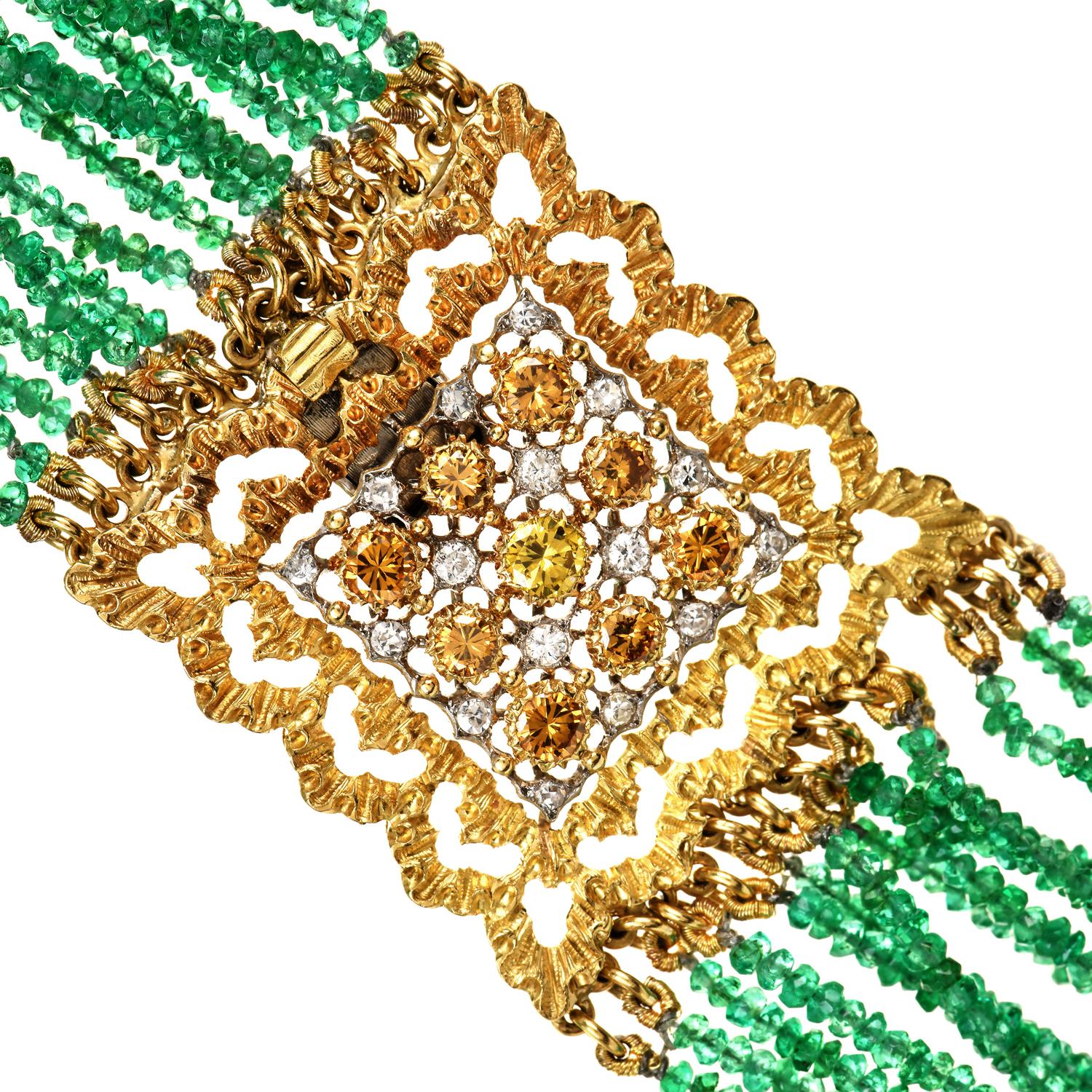 A magnificent Buccelatti multistrand remarkable necklace.

This beautiful beaded necklace has a Vivid green color displayed from Genuine Emeralds, 15 strands, 2mm width each, with a beaded design in different lengths holding collectively