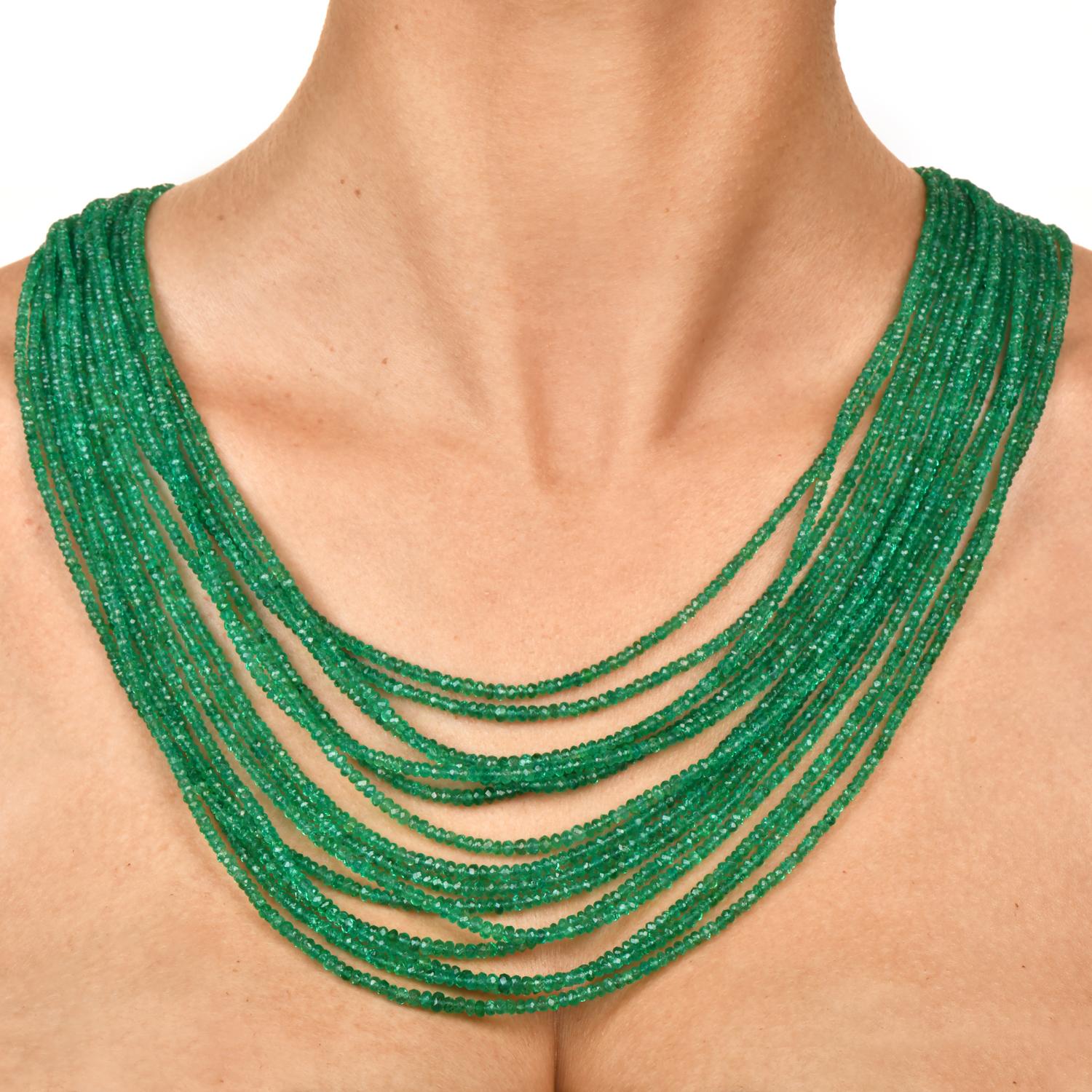 Modern Buccellati Vintage Emerald Diamond 18K Gold Clasp Multi Strand Necklace