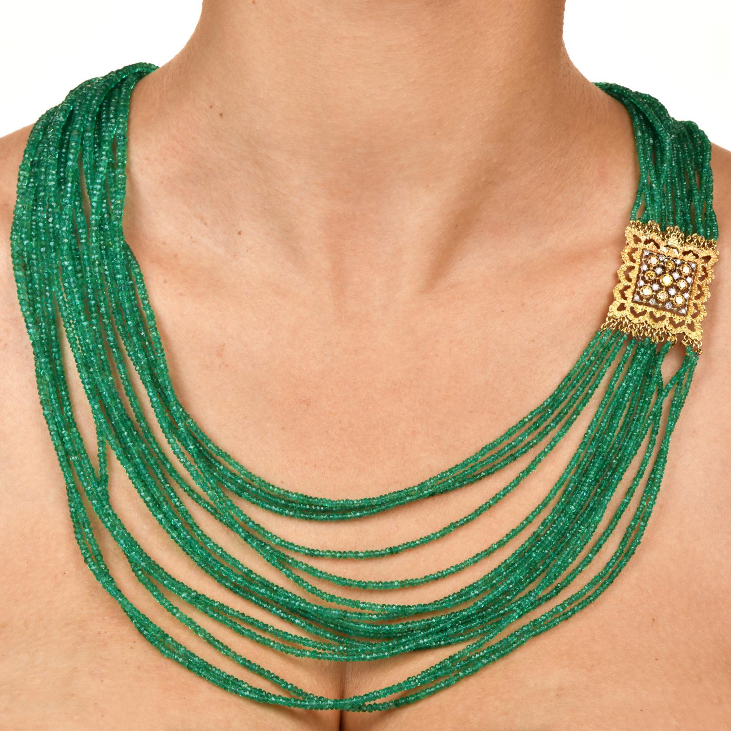 Buccellati Vintage Emerald Diamond 18K Gold Clasp Multi Strand Necklace 2