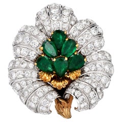 Buccellati Vintage Emerald diamond 18k Gold Flower Brooch Pin
